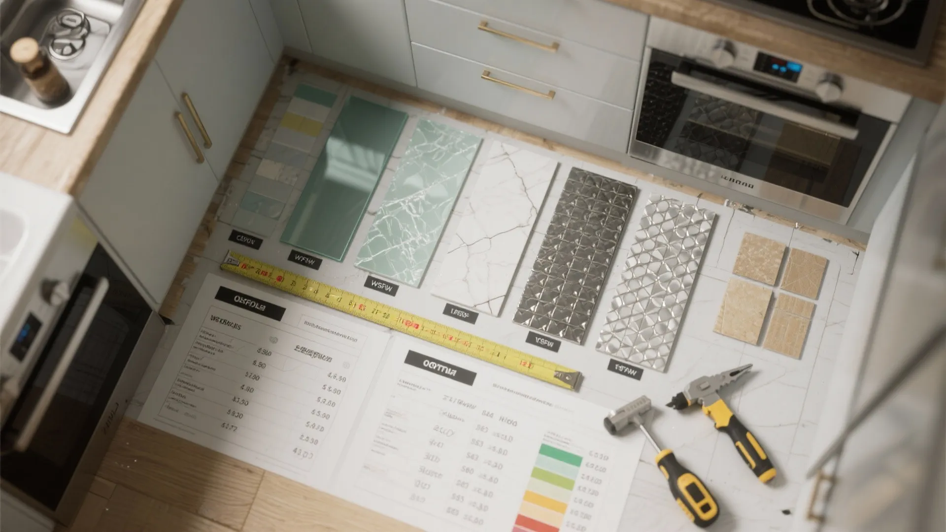 Kitchen material planning with tile samples measuring tape tools and budget documents on the floor