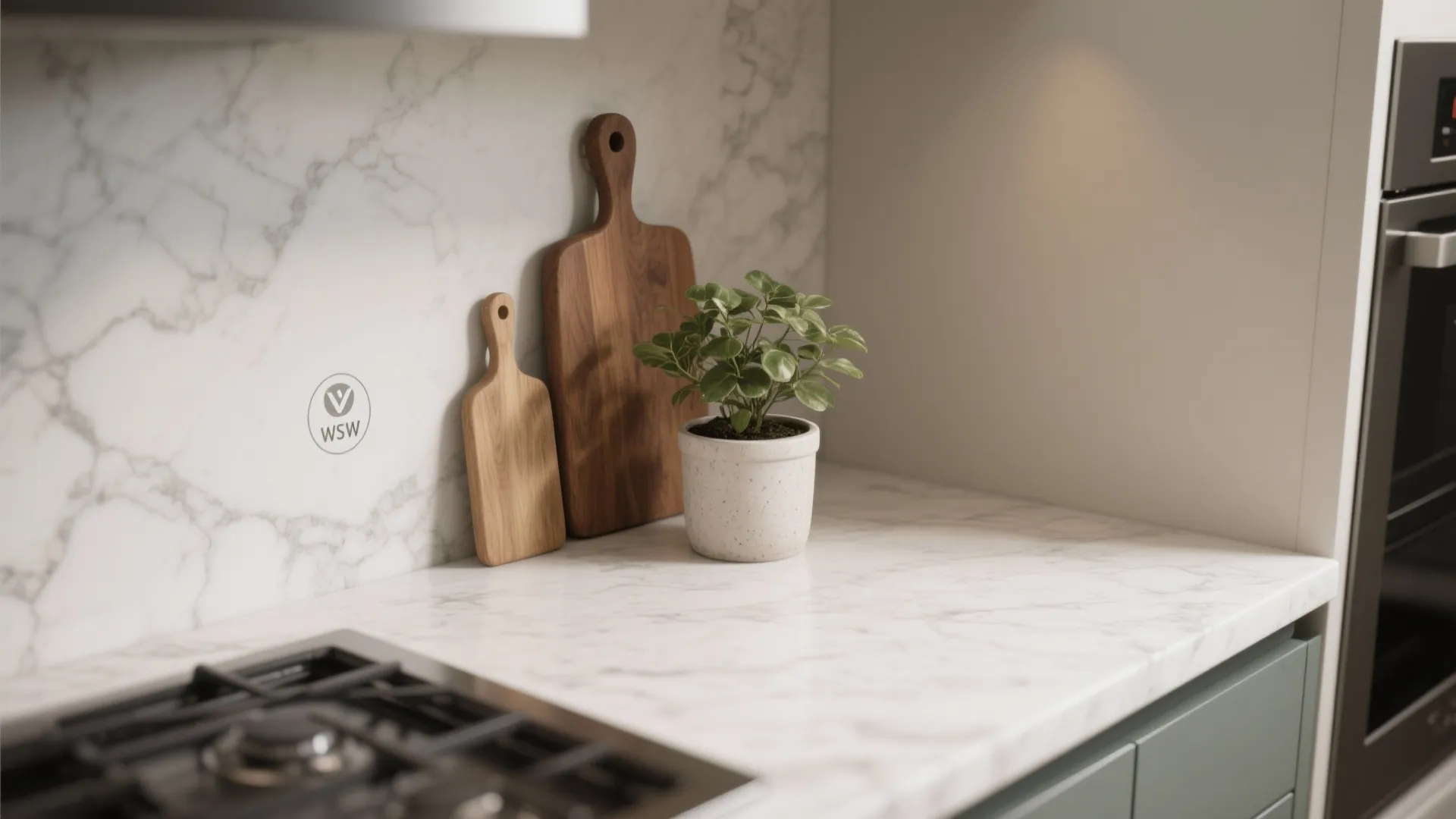 Close-up vignette showing a potted plant, wood board, and honed white granite illustrating a prioritized material choice.