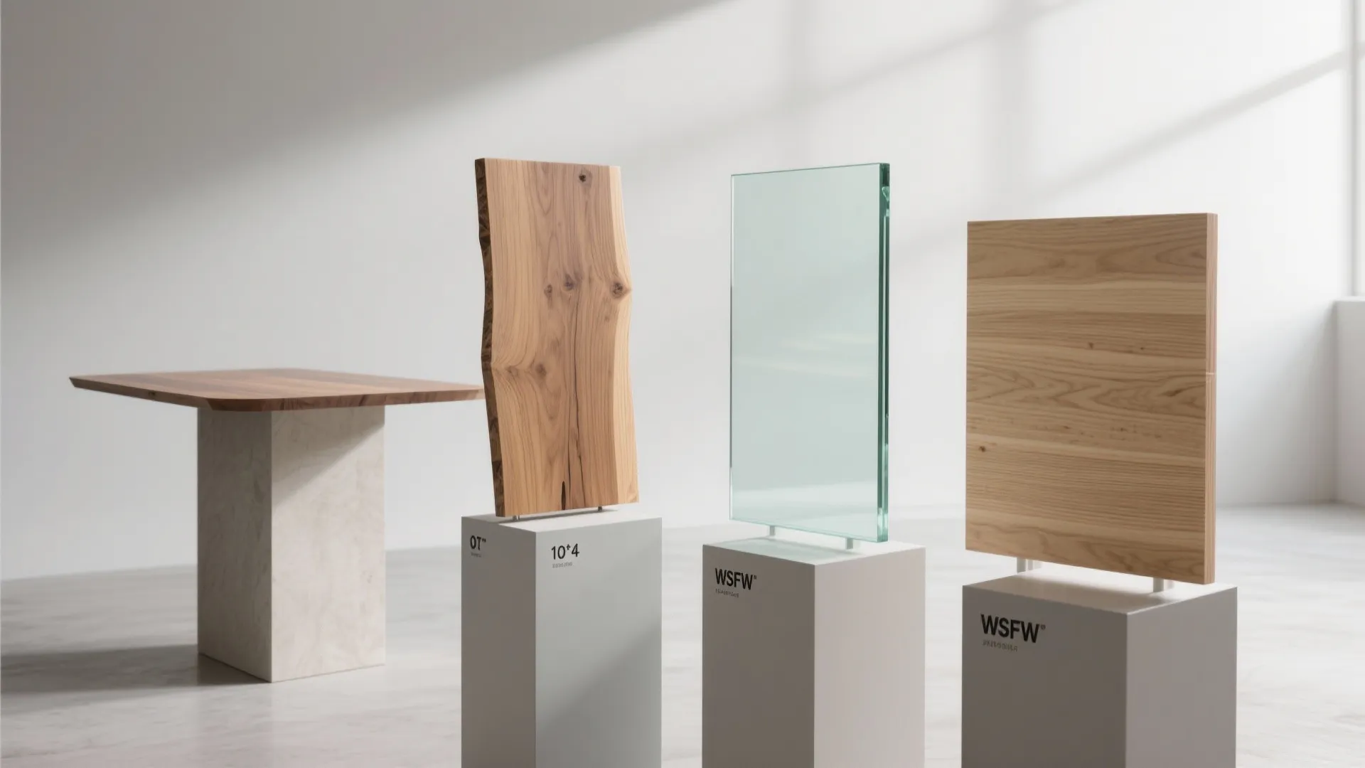 Display of wood panels and glass samples on white stands in a bright modern showroom interior