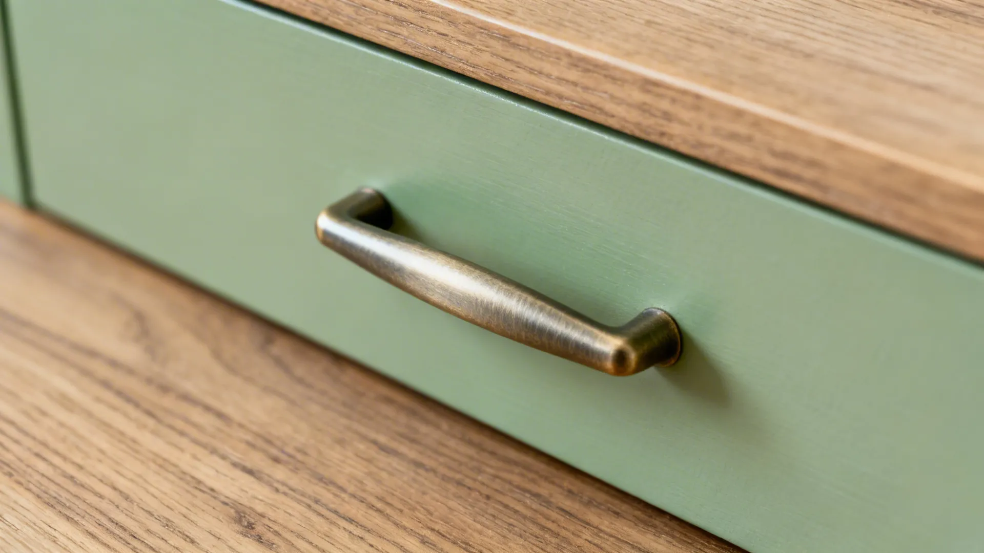 Macro of a brushed metal handle on a painted drawer beside a matching wood-stained desktop.