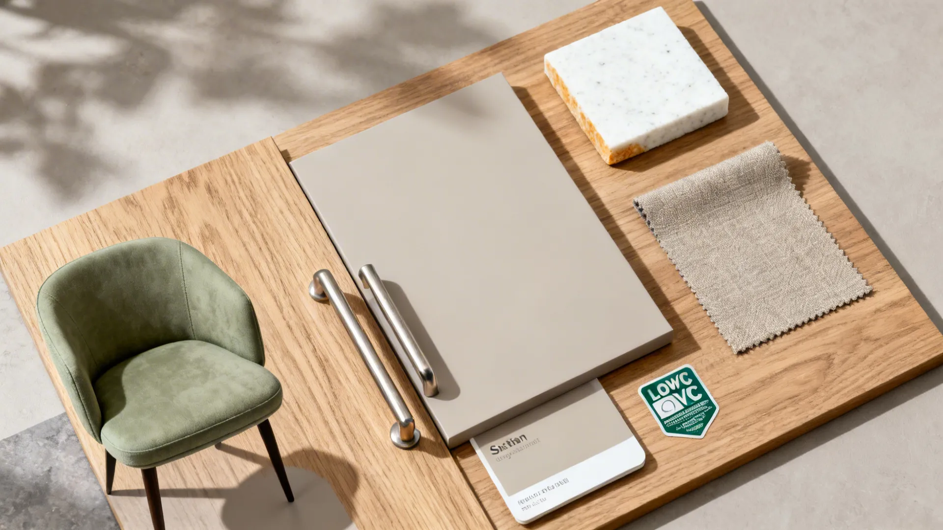 Flatlay of oak veneer, pale greige laminate, warm white quartz, and muted sage fabric.