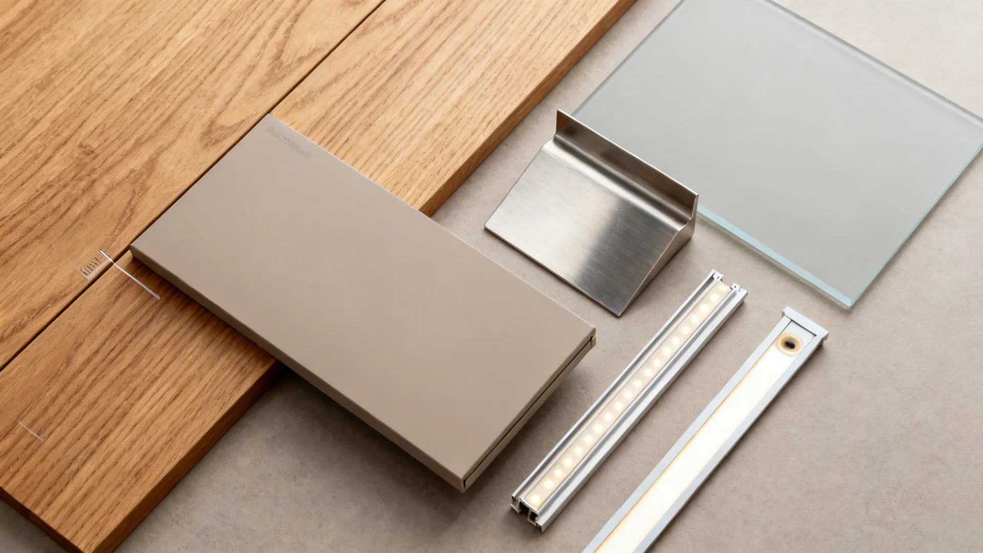 Flat lay collection of interior design materials including wood planks glass panel and light fixtures