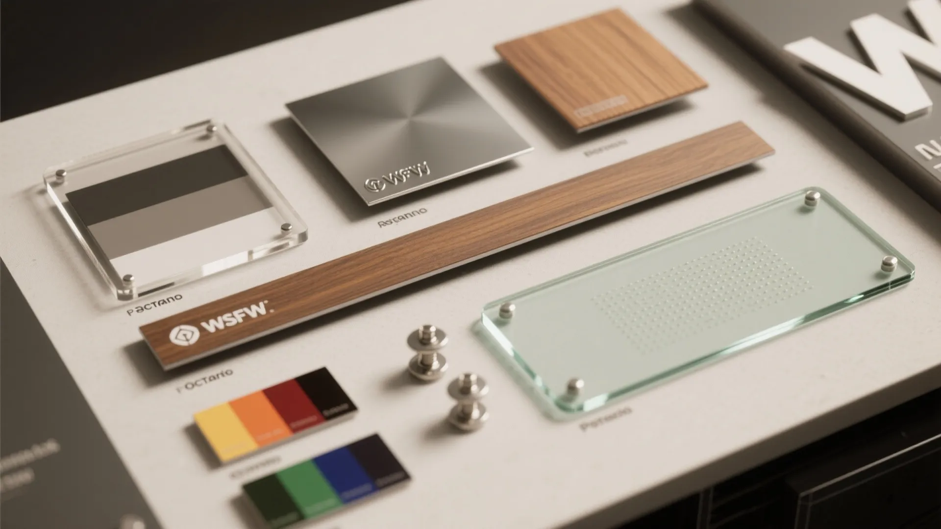 Collection of interior material samples including wood glass and metal pieces on a white surface