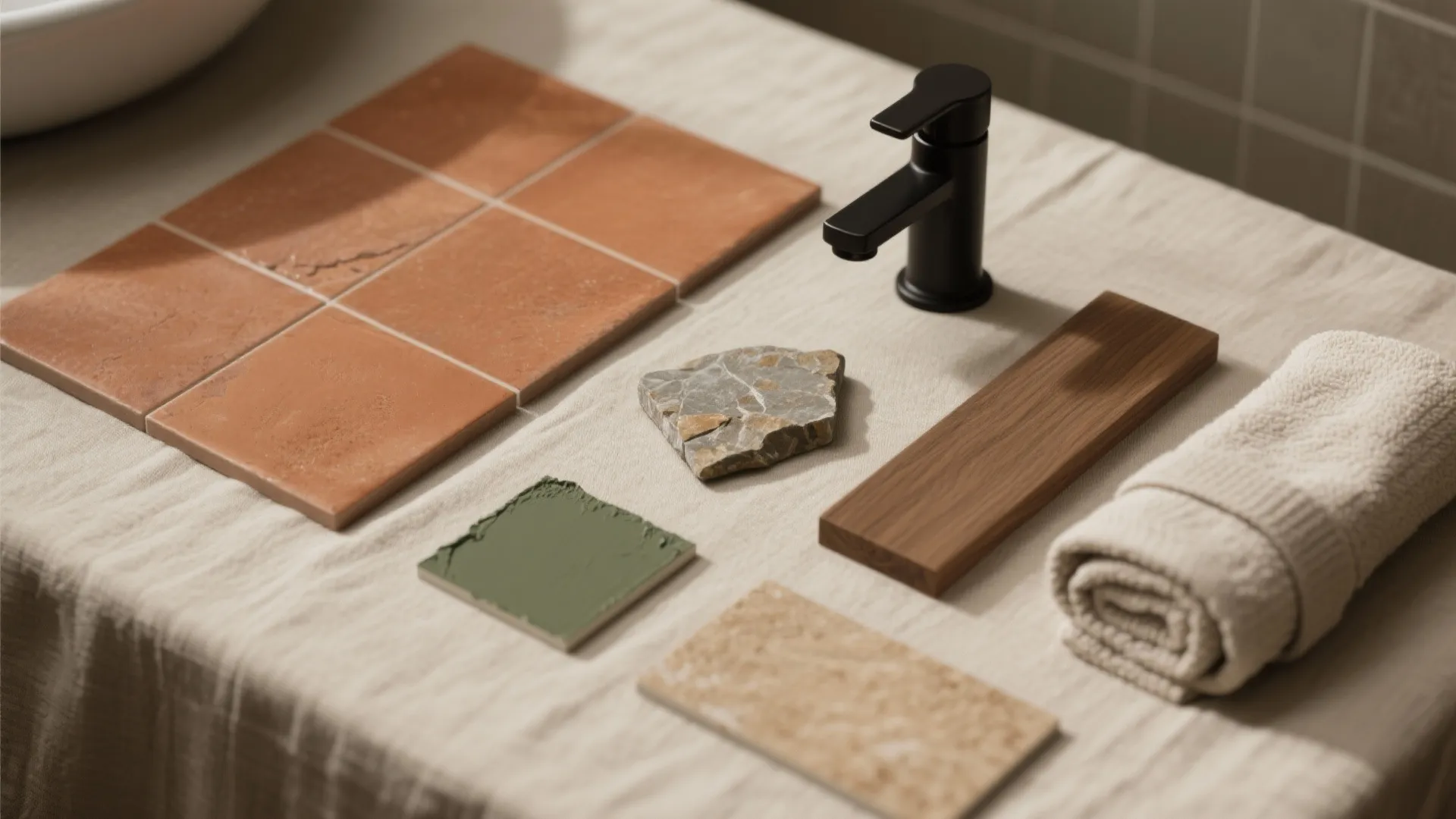 Collection of interior design material samples including terracotta tiles, wood, stone, fabric, and black faucet