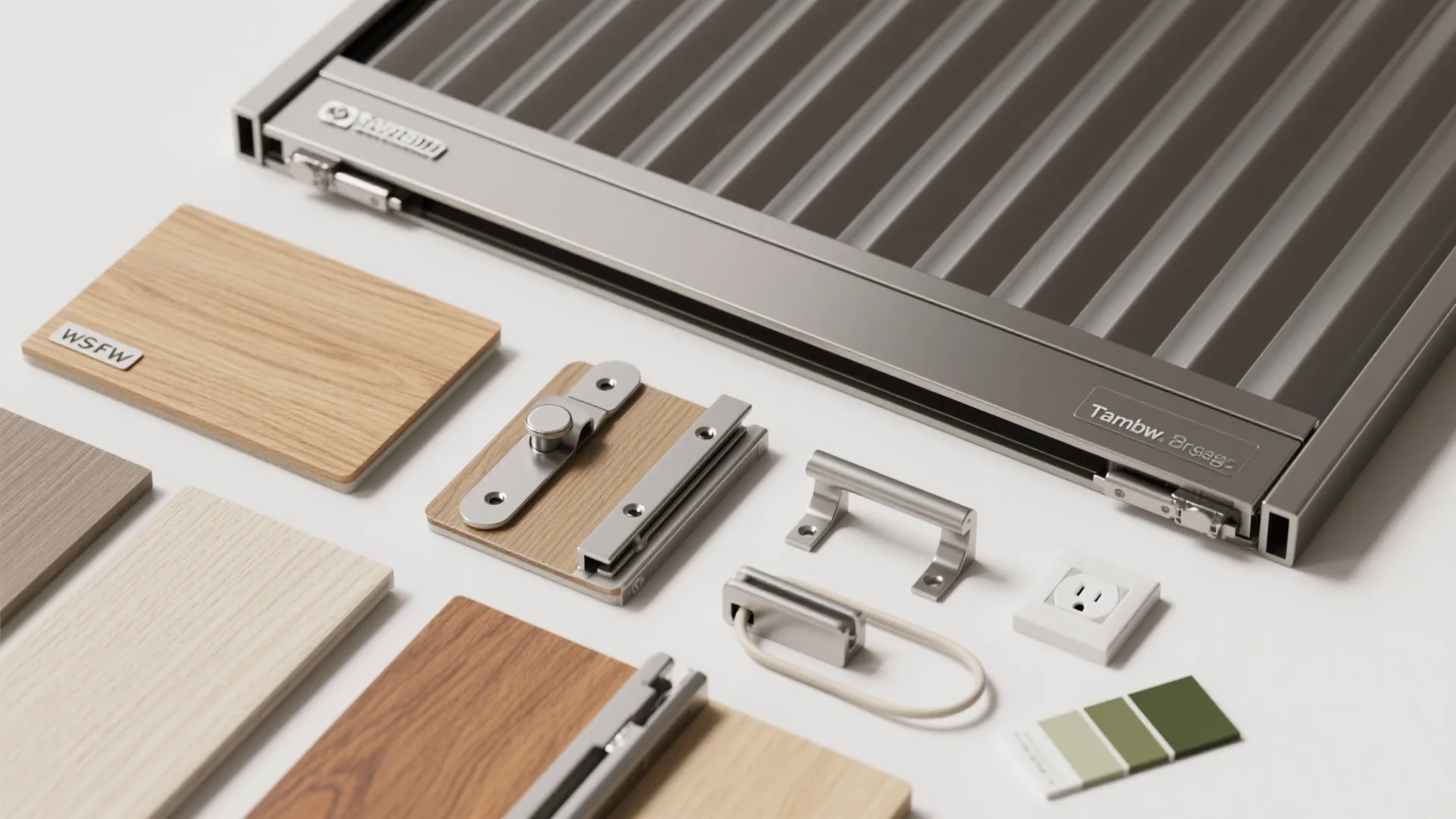 Collection of interior design materials including wood samples metal handles green color swatches and hardware