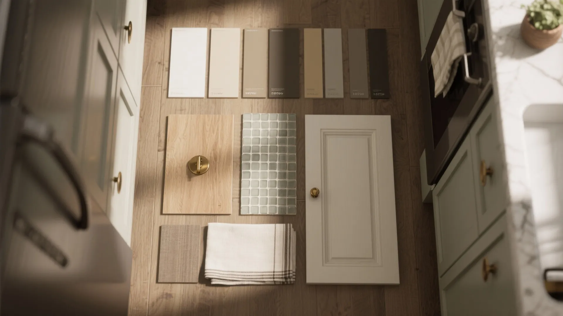 Flatlay of paint swatches, wood sample, brass hardware and tile for a transitional kitchen design.