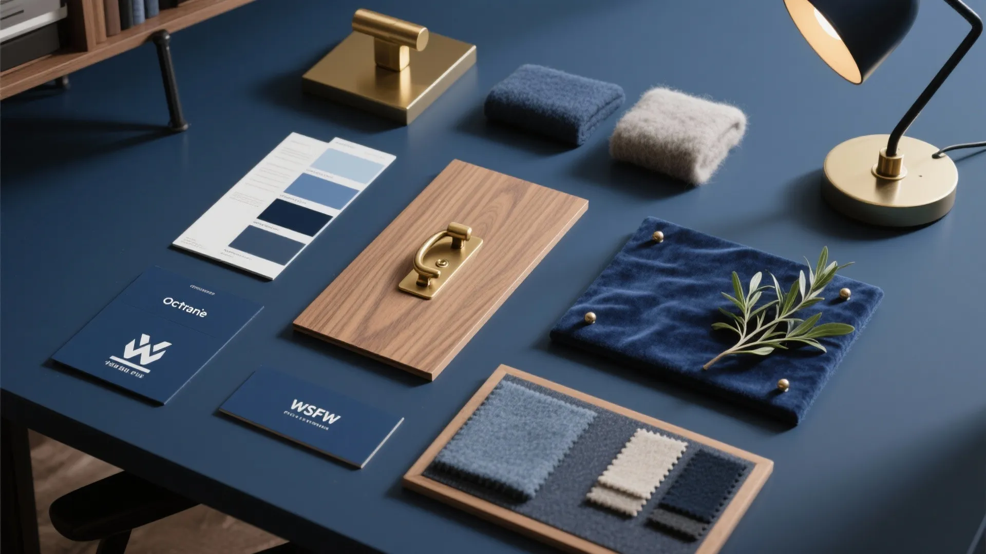 Interior design mood board with blue fabric swatches, wood samples, gold handles, and desk lamp