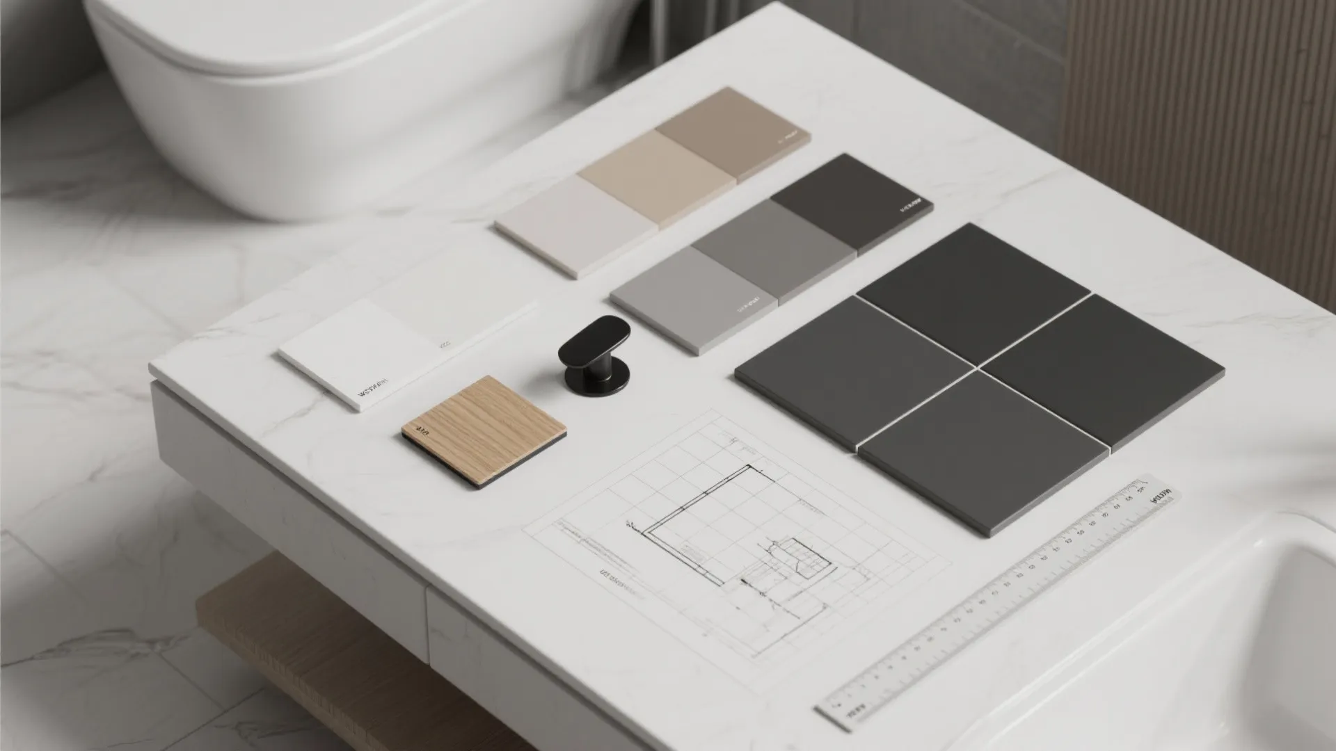 Interior design material samples including tiles wood floor plan and ruler on white stone countertop