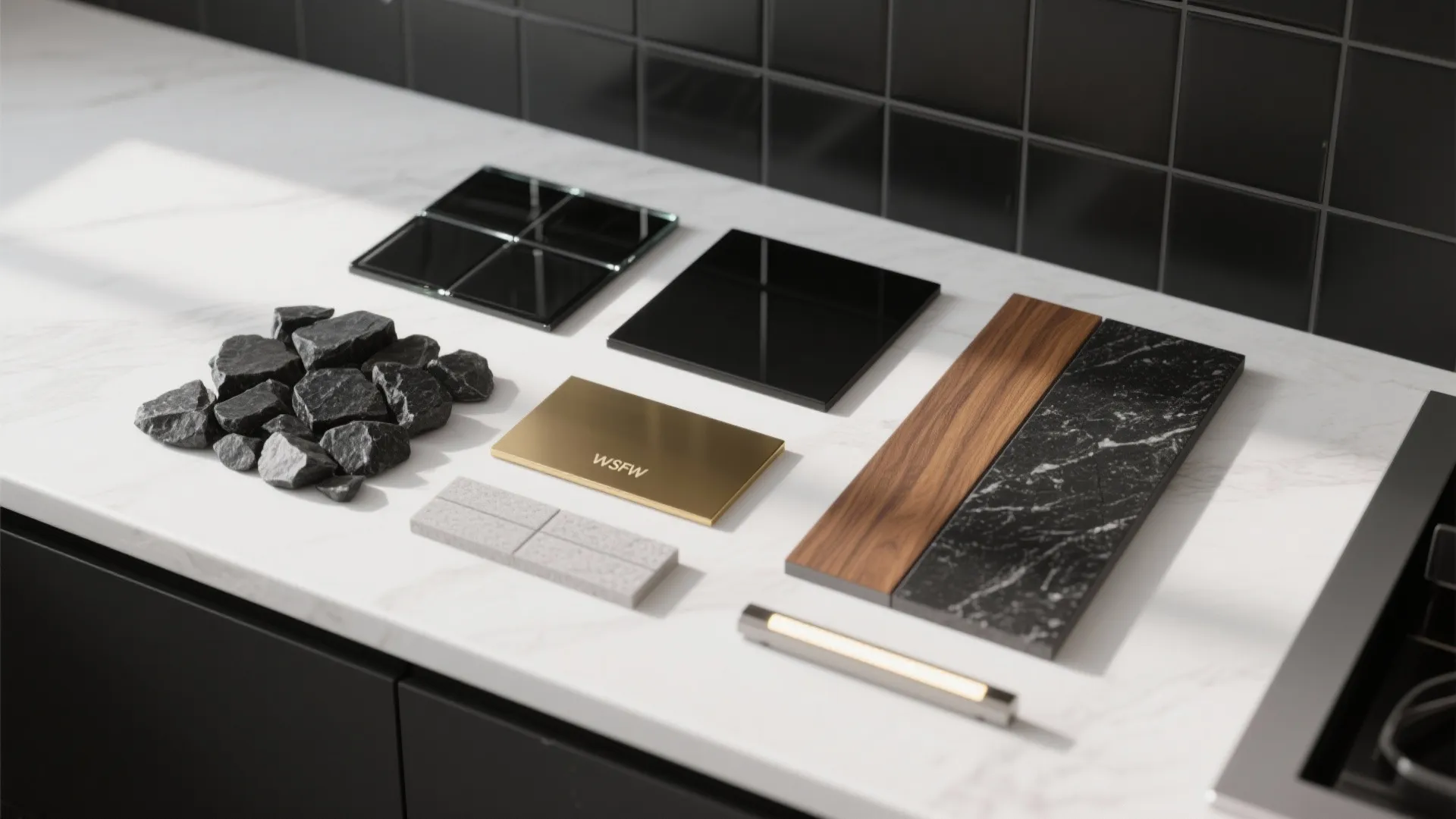 Interior material samples including black tiles wood and marble strips placed on white marble countertop