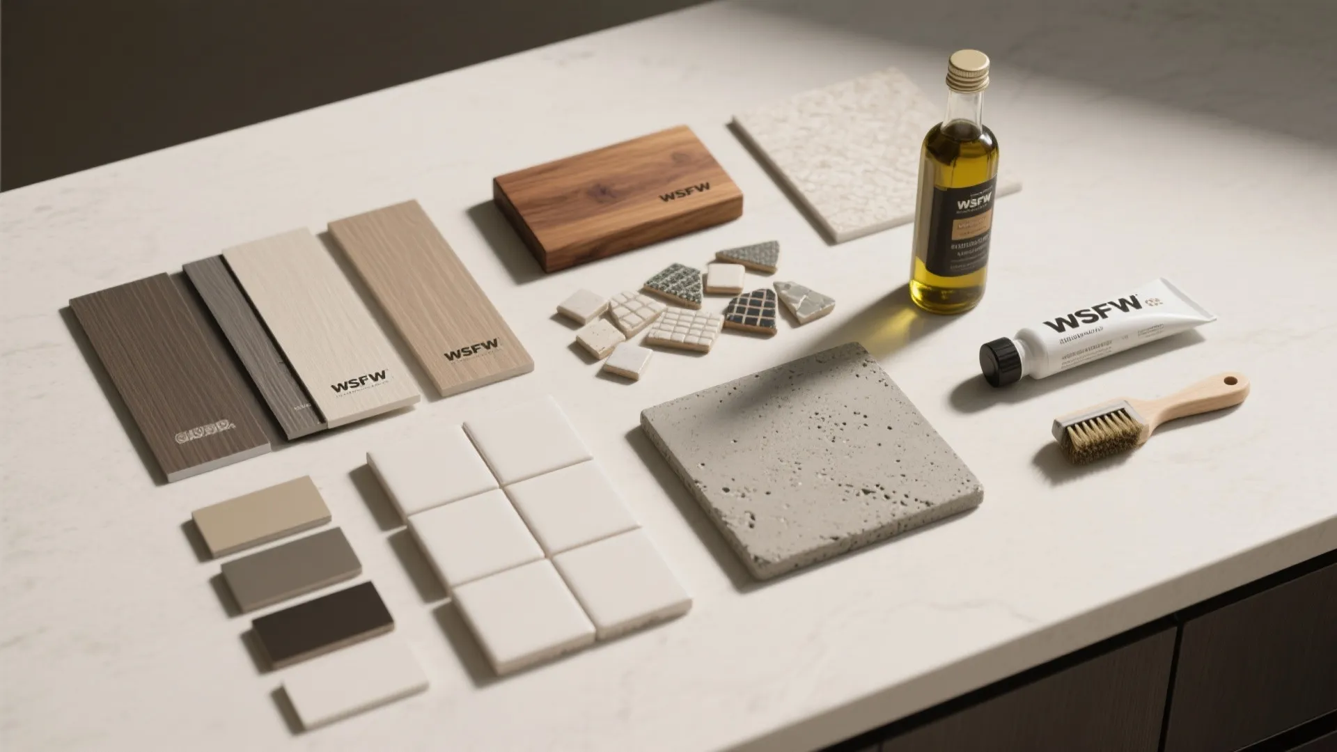 Various interior design material samples including wood boards, stone tiles, oil bottle, and small brush