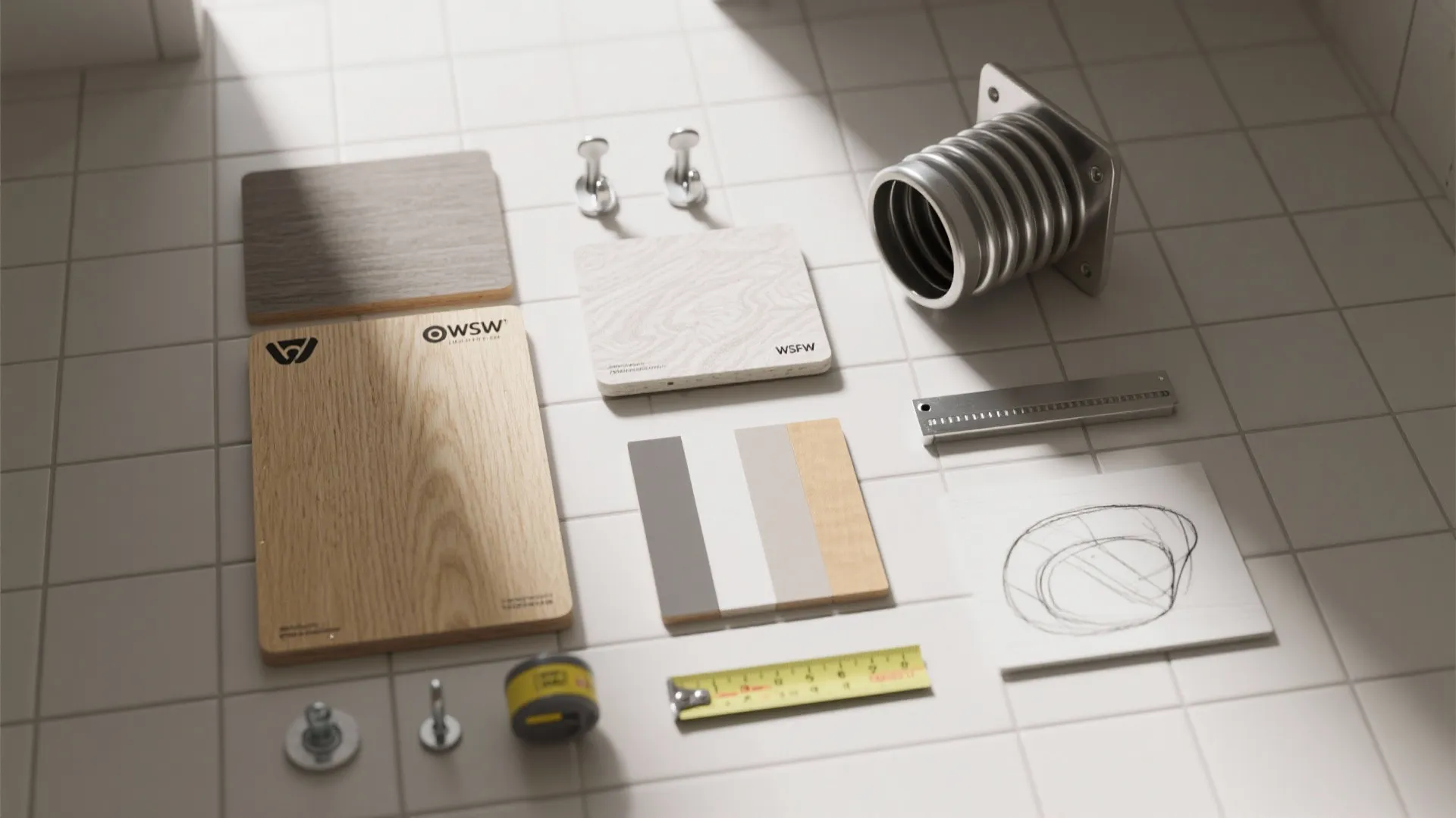 Wood material samples with color swatches and yellow measuring tape laid on white floor tiles