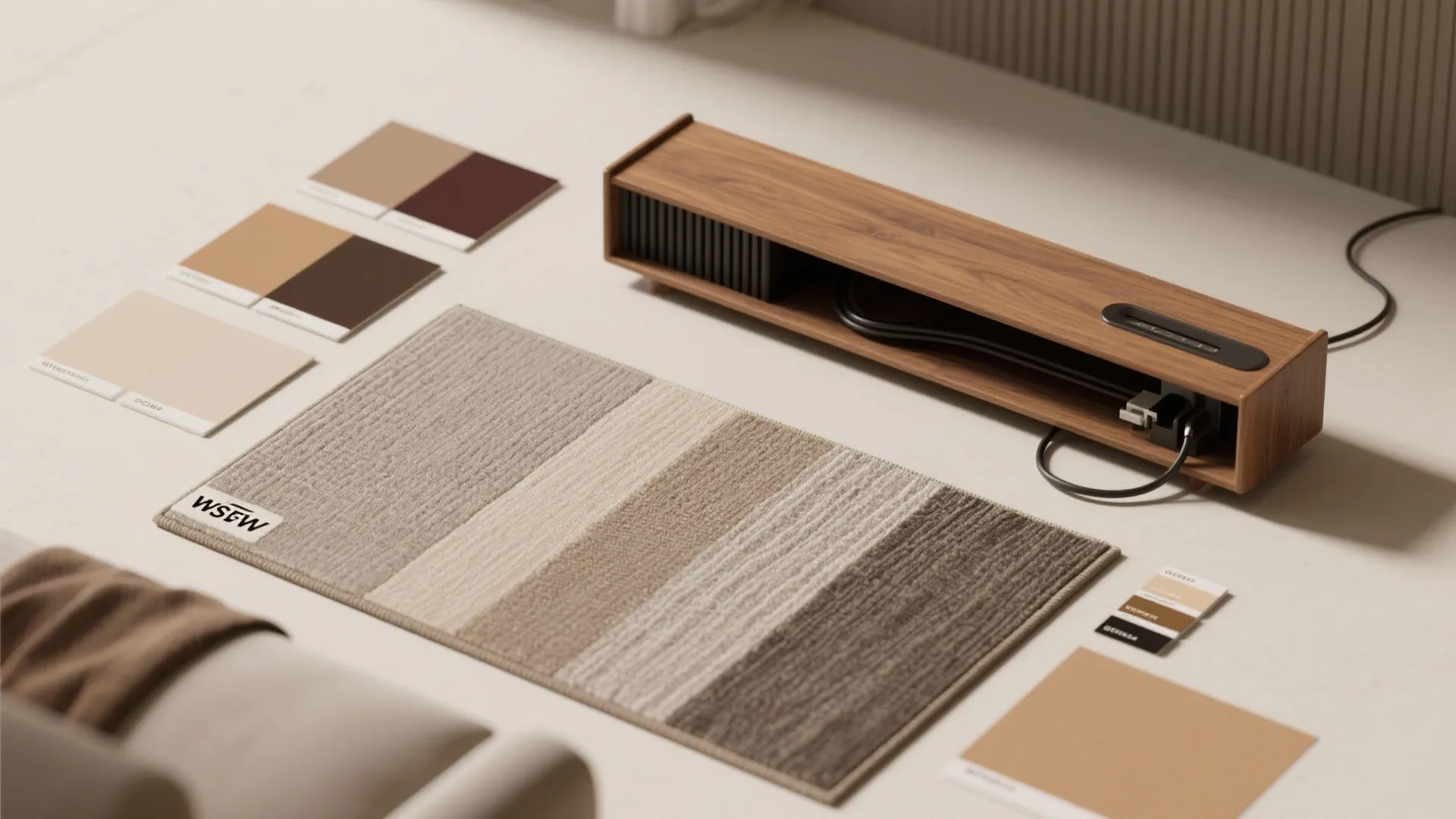 Flatlay of paint swatches, rug and wood samples, and cable management accessories for small living room planning.