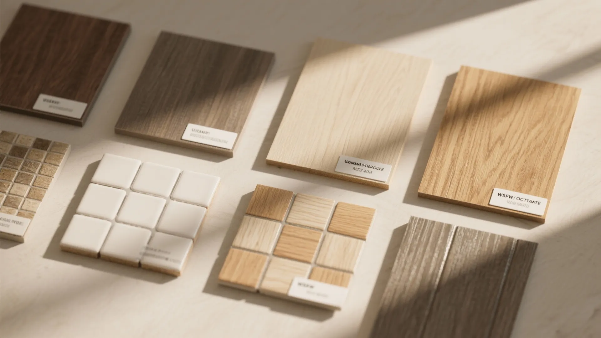 Collection of wood and tile material samples in various shades and textures on light surface