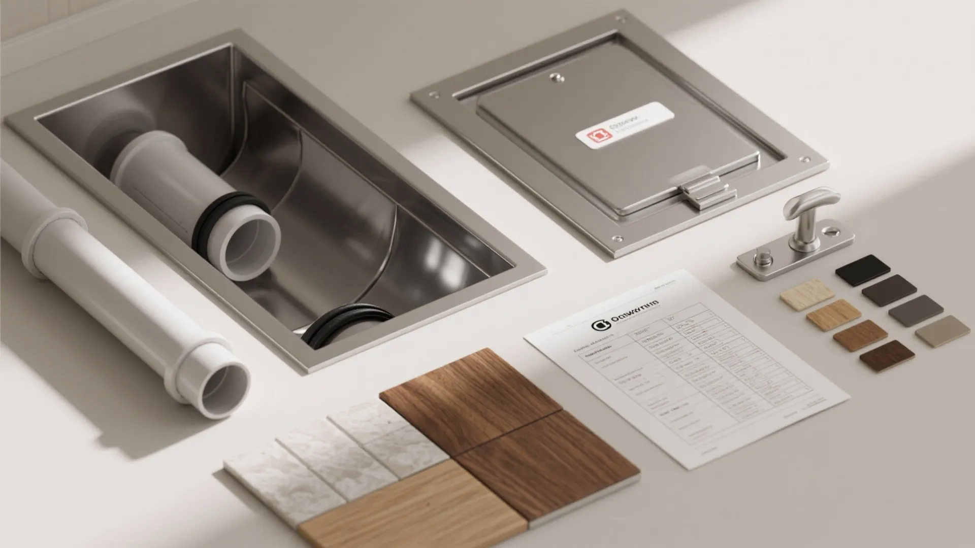 Interior design materials including wood tiles metal sink parts and a construction plan on desk