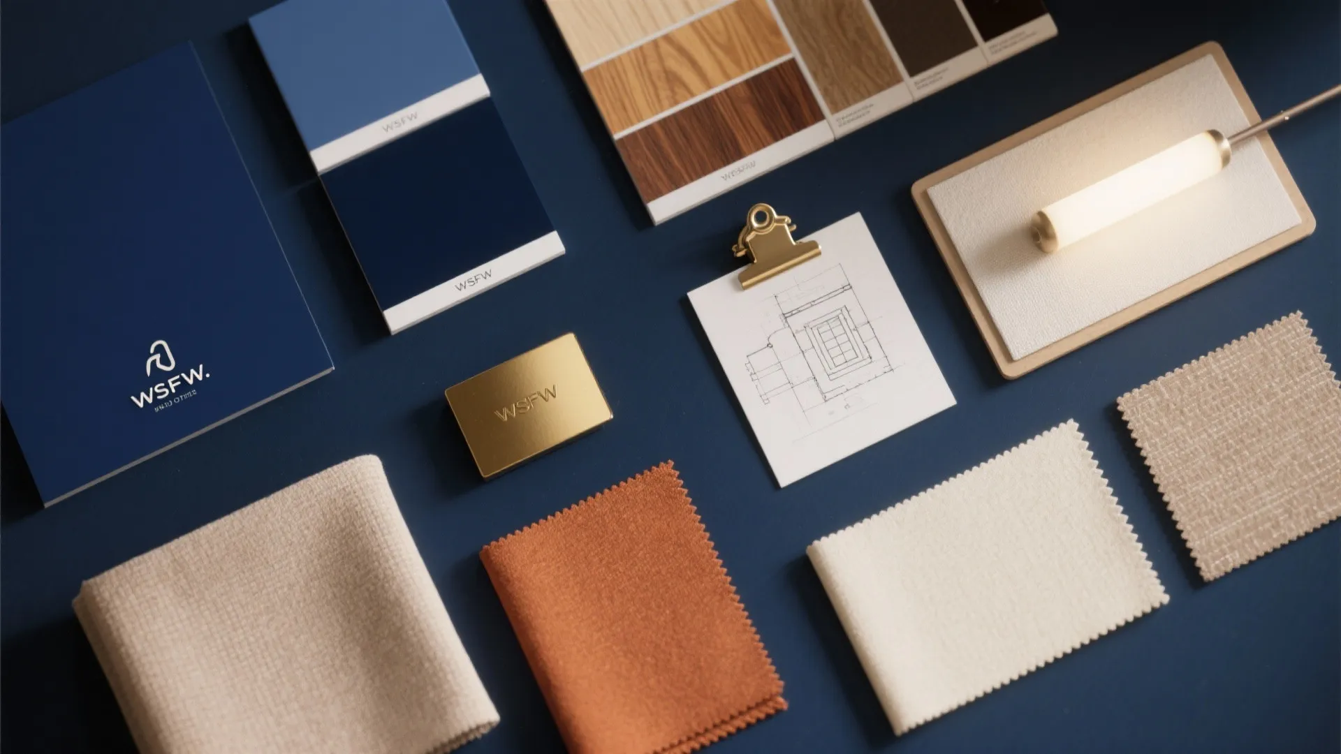 Interior design mood board with fabric samples wood swatches blue color palettes and floor plan