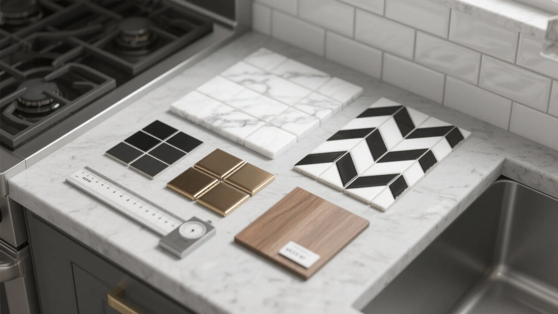 Top-down flatlay of backsplash material samples including marble porcelain, subway tile, grout swatches, encaustic chip, and brass tile for a gray kitchen.