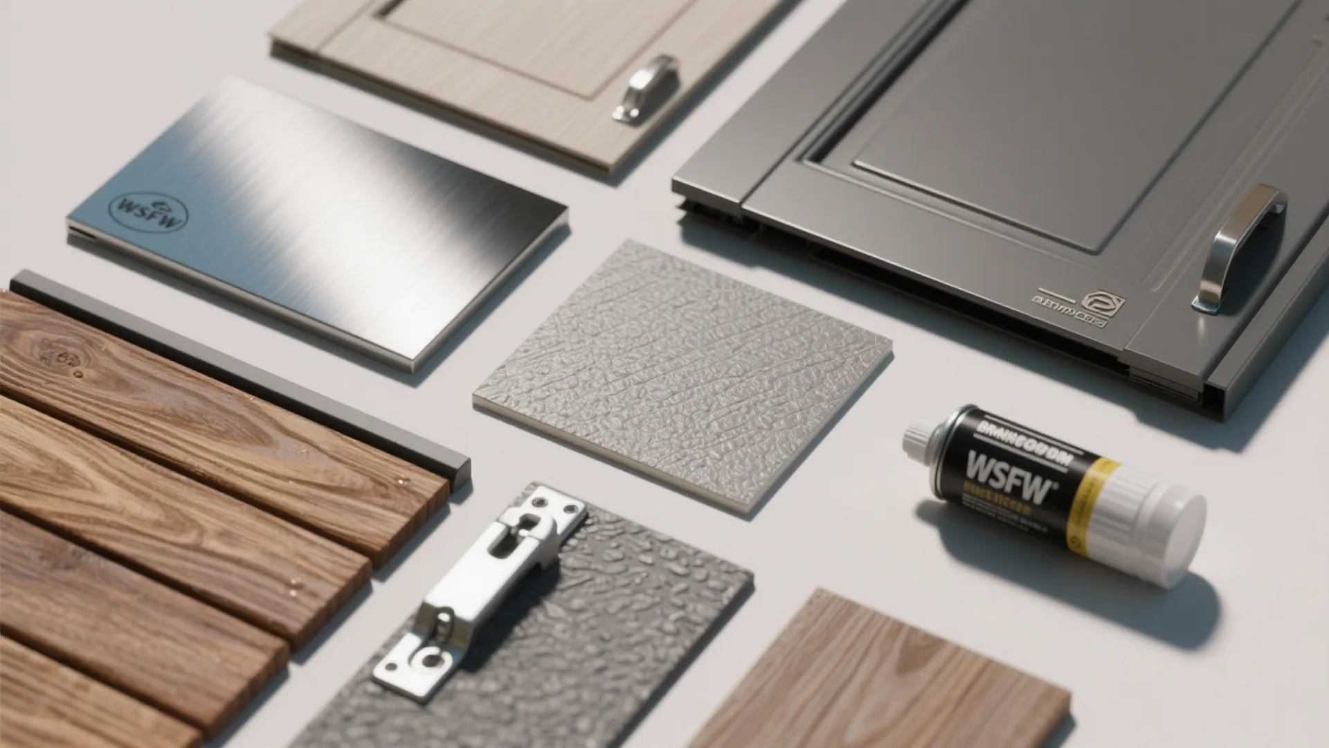 Flatlay of durable material samples and hardware for outdoor kitchen doors, showing finishes and coatings.
