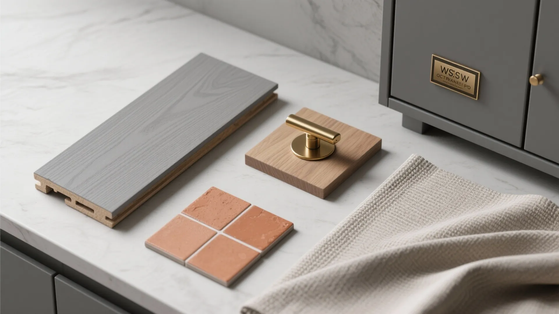 Interior design material samples including grey wood flooring and small orange tiles on white marble