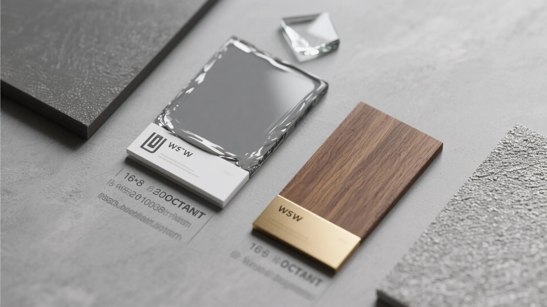 Material samples: matte grey, glossy grey glass, warm wood and brass accents laid out flat