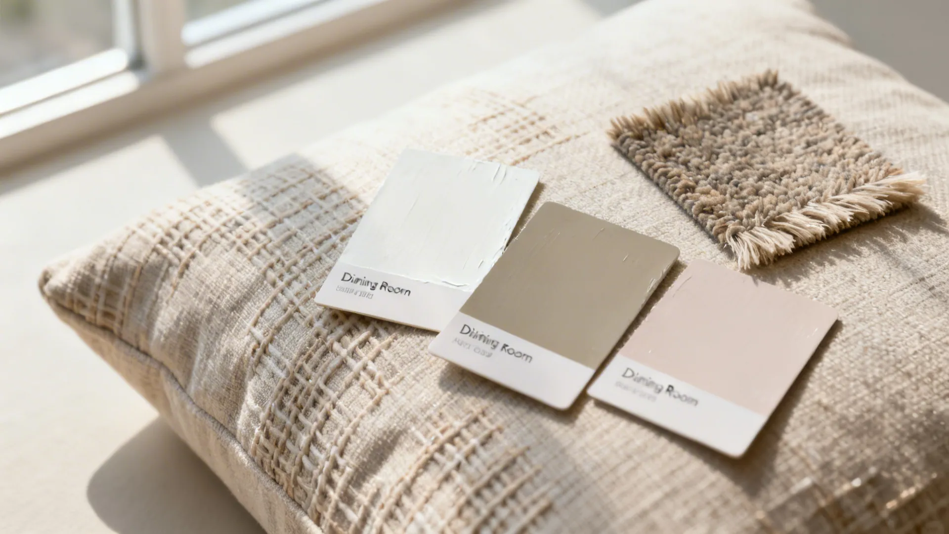 Color and material samples including paint swatches, cushion fabric and rug fiber for small dining rooms