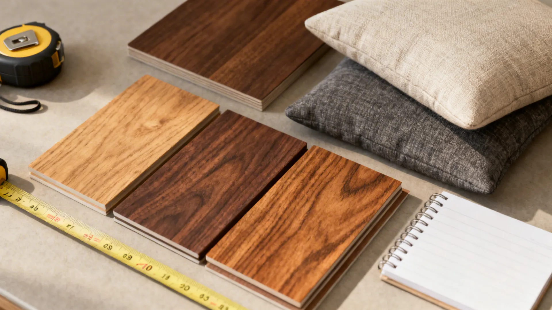 Wood grain and fabric samples with a measuring tape to illustrate materials and dimensions.