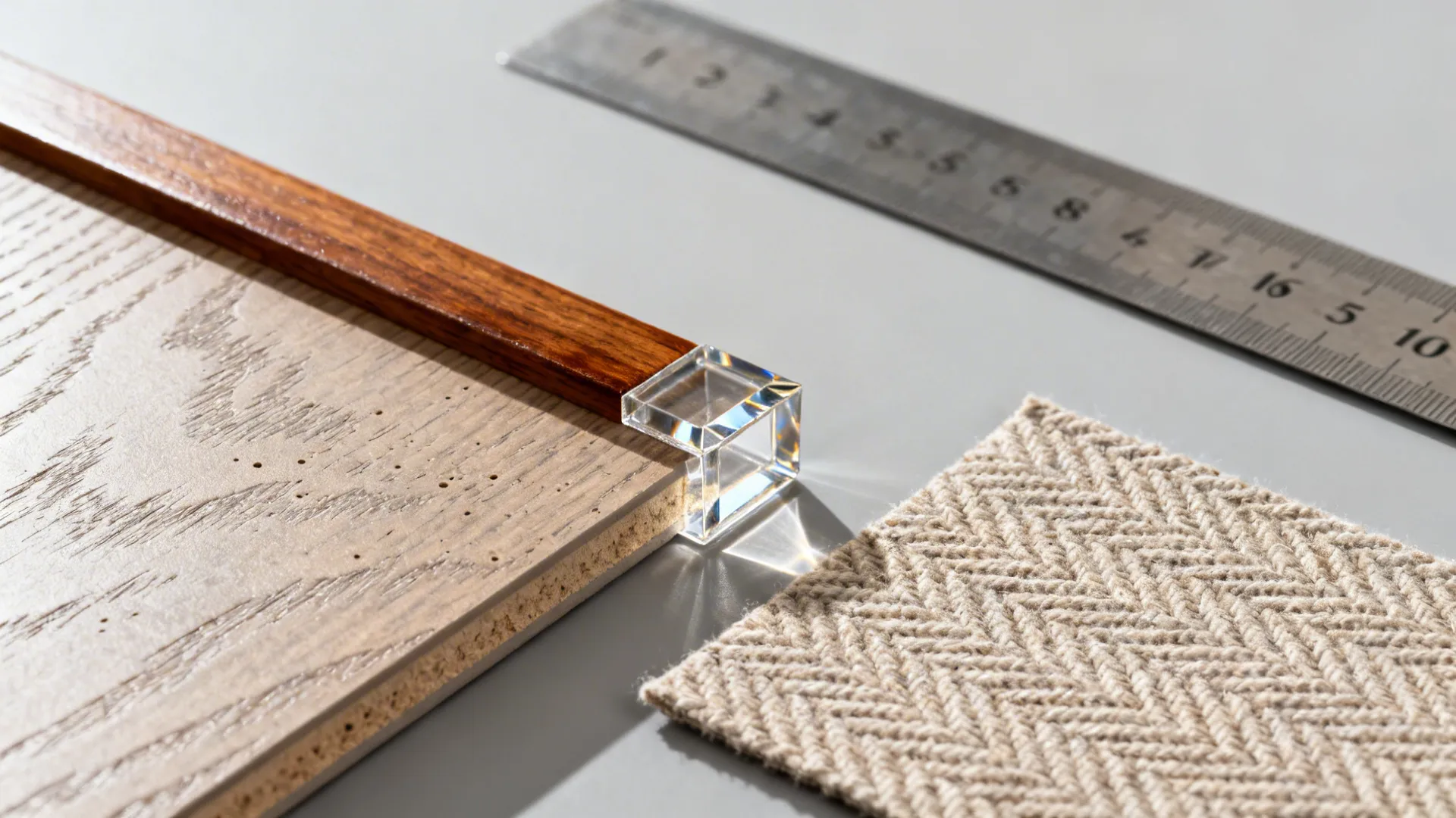 Close-up of coffee table material samples and fabric swatches for small living rooms