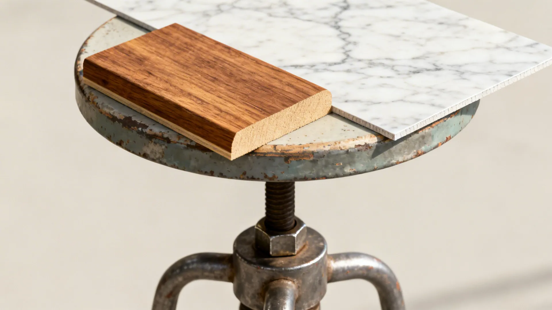 Material samples for side tables: wood edge, metal base, peel-and-stick marble top