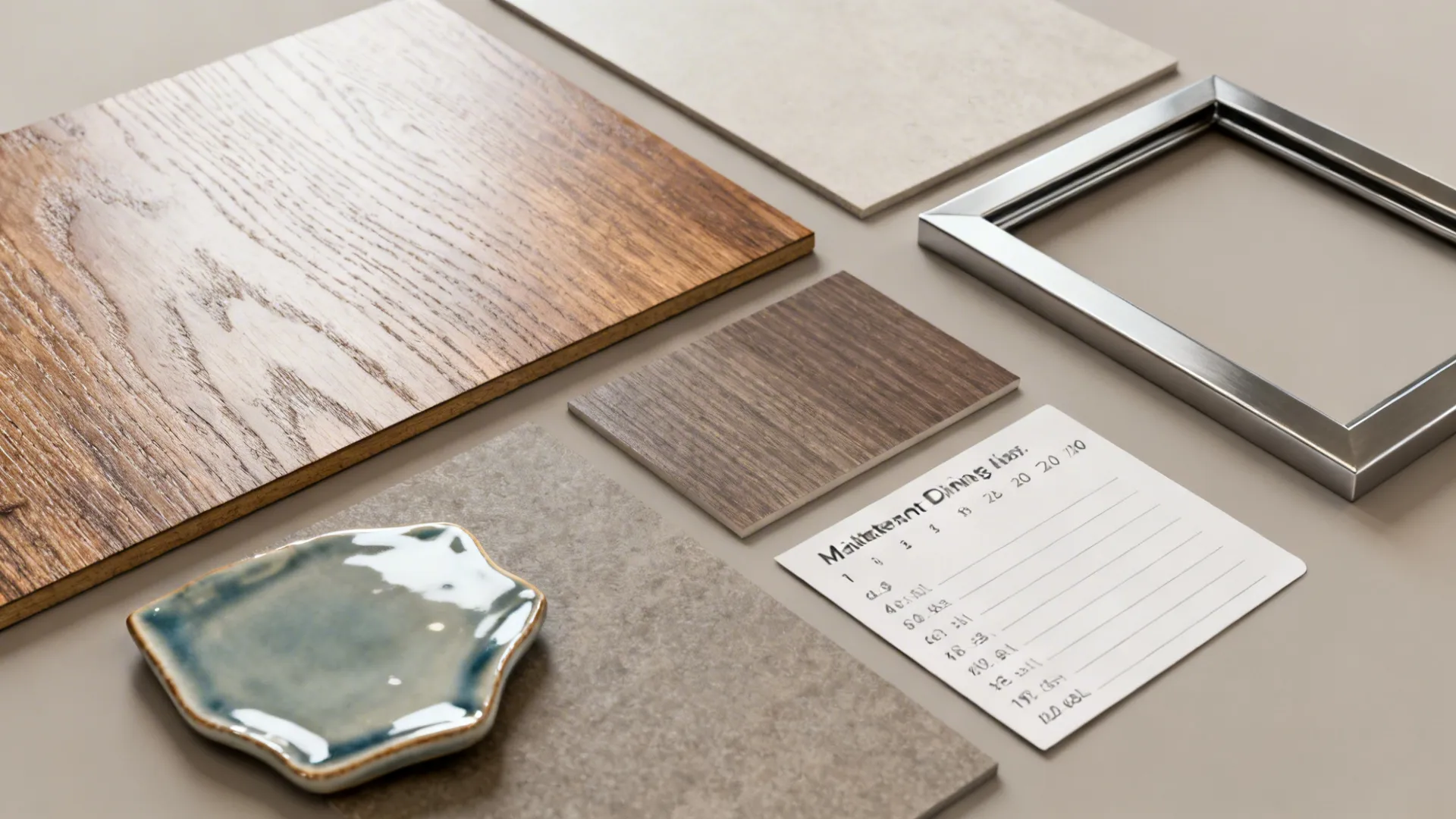 Flatlay of maintenance-friendly material samples for dining room walls.