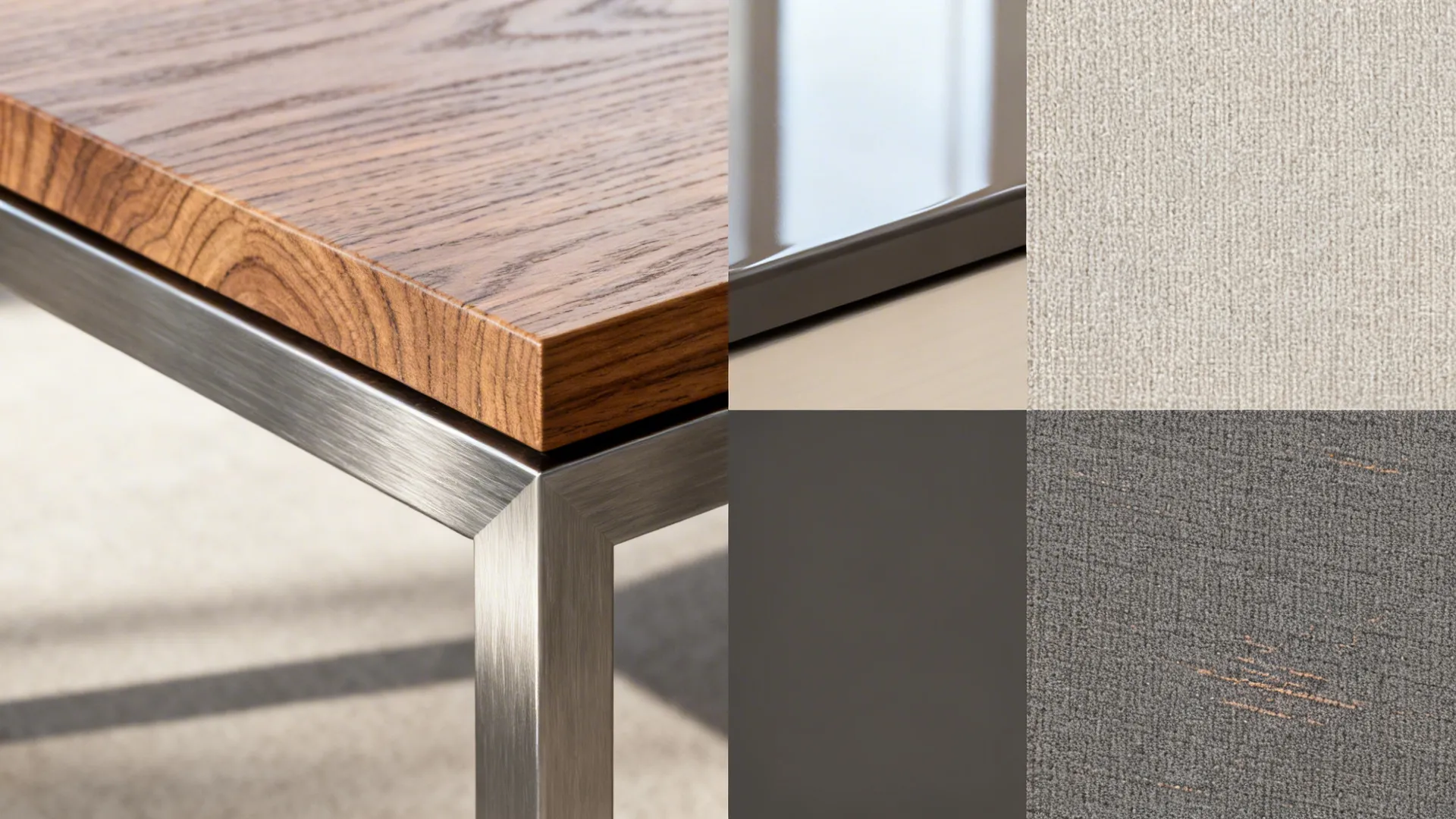 Wood table top with metal legs shown beside grey and beige fabric material texture samples