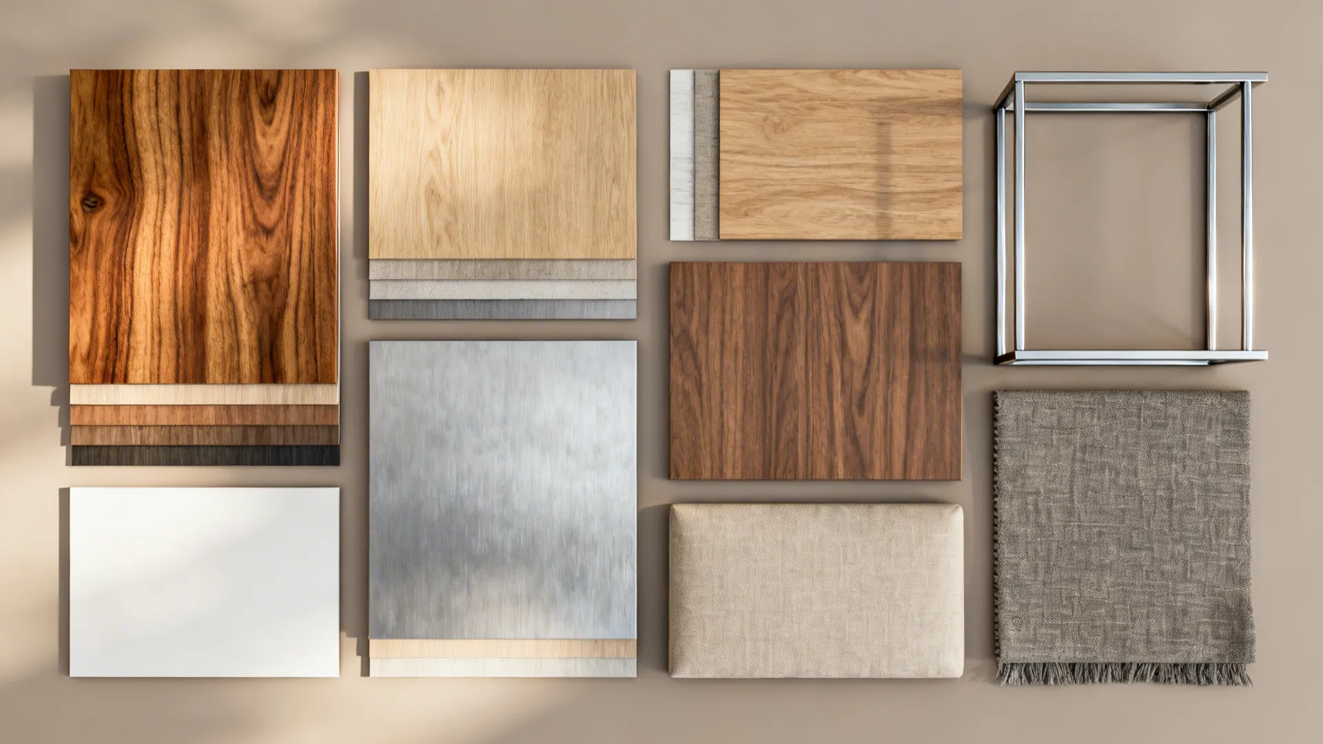 Flatlay of wood veneer, metal sample, laminate and fabric swatches for TV stand materials.