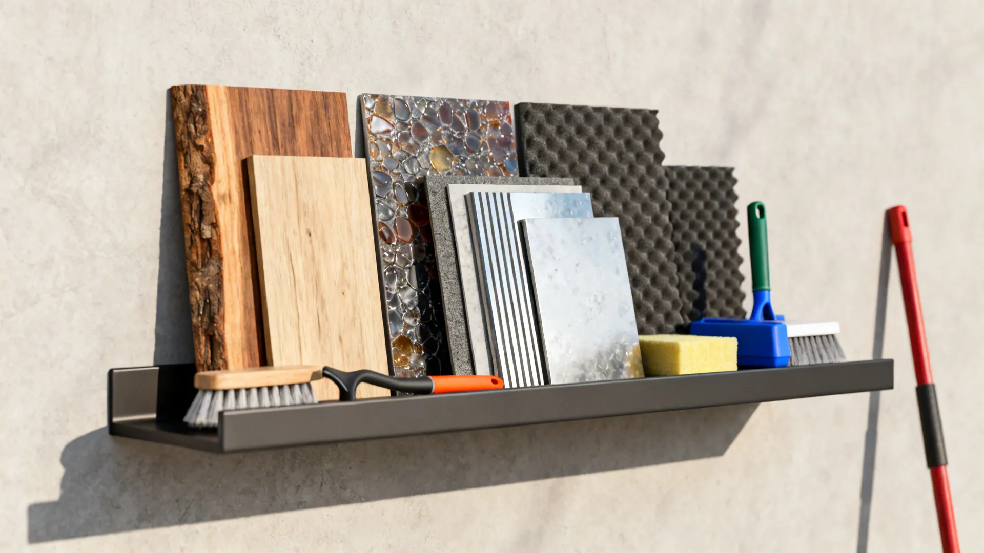 Shelf showing material samples for wood, resin, metal and acoustic panels with cleaning tools.