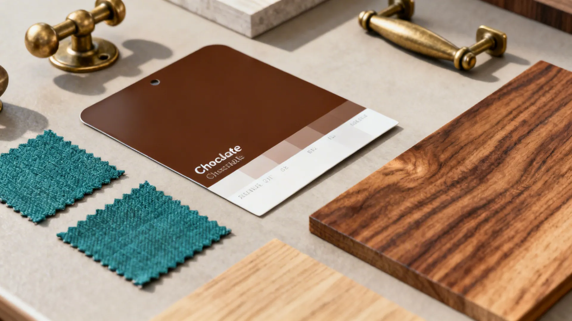 Interior design material board with wood samples green fabric swatches brown color palette and handles