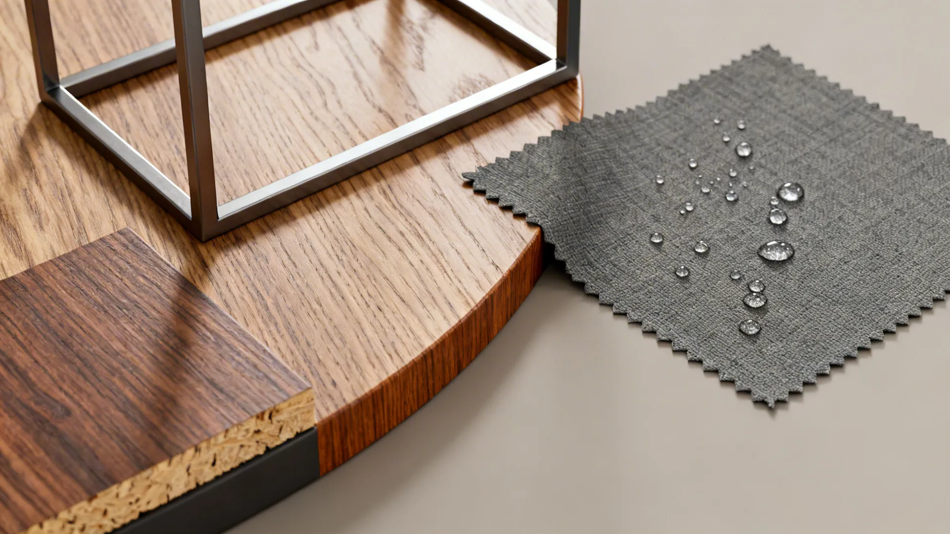 Material samples including wood, metal, and performance fabric swatch with water beading.