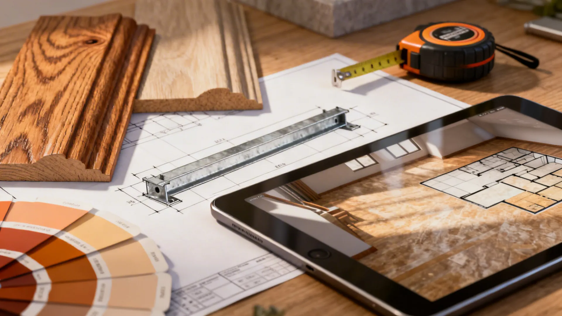 Tabletop with material samples, beam diagram, paint swatches and a tablet showing a 3D floor plan
