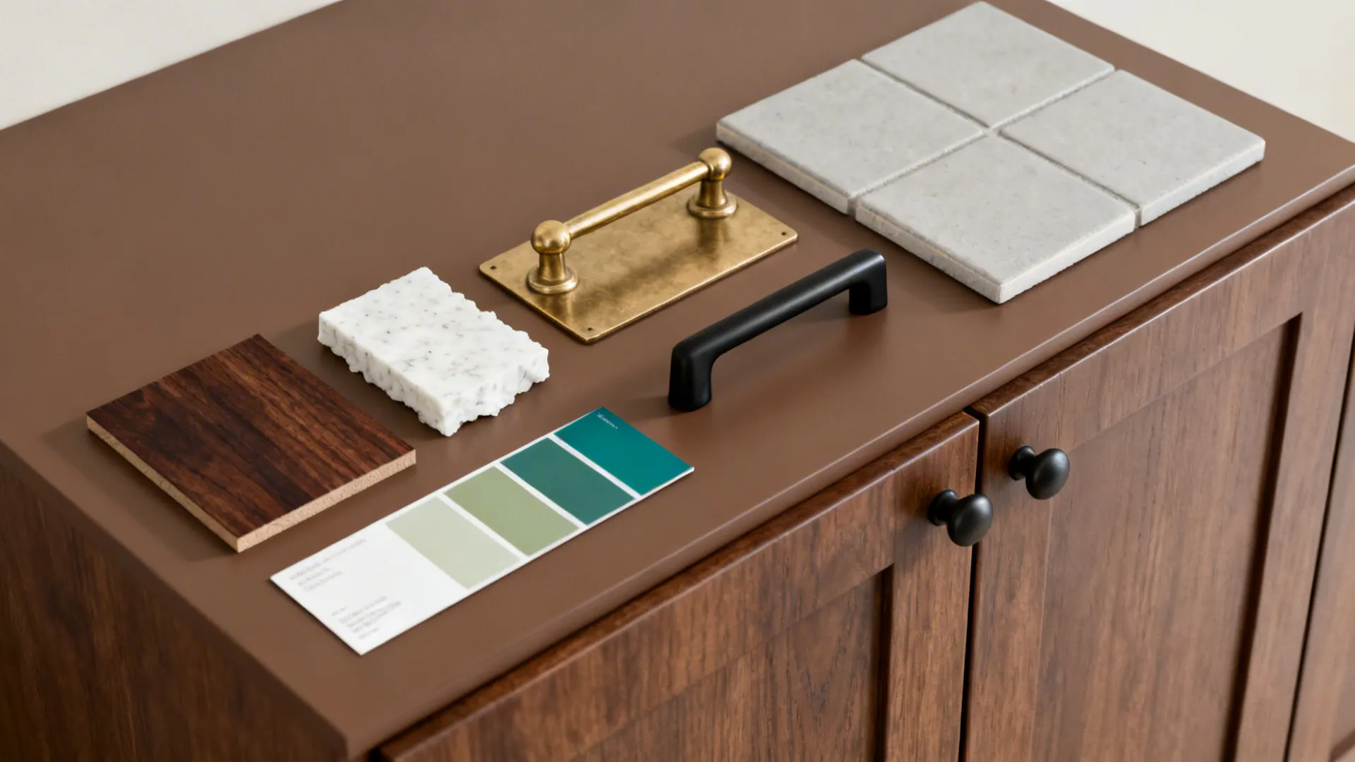 Flatlay of material samples: dark wood swatch, white quartz chip, brass hardware and color chips.
