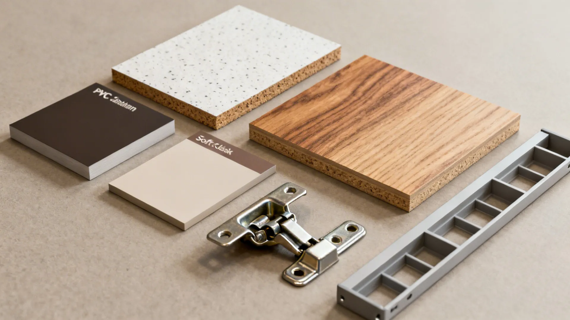Various interior design material samples including wood boards tile pieces metal hinge and gray frame