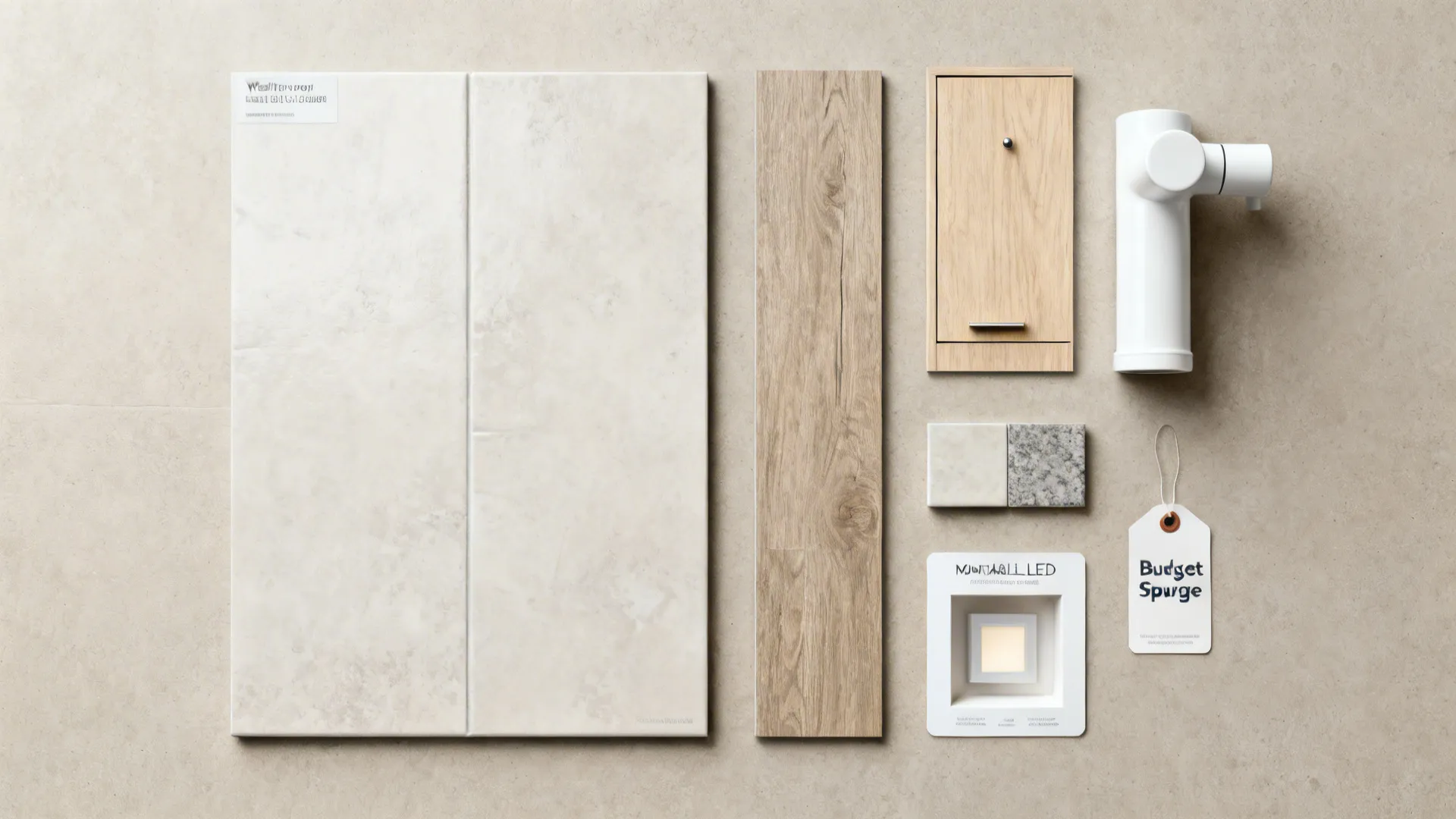 Material samples for small bathroom: tile, vinyl plank, wood vanity swatches and LED sample