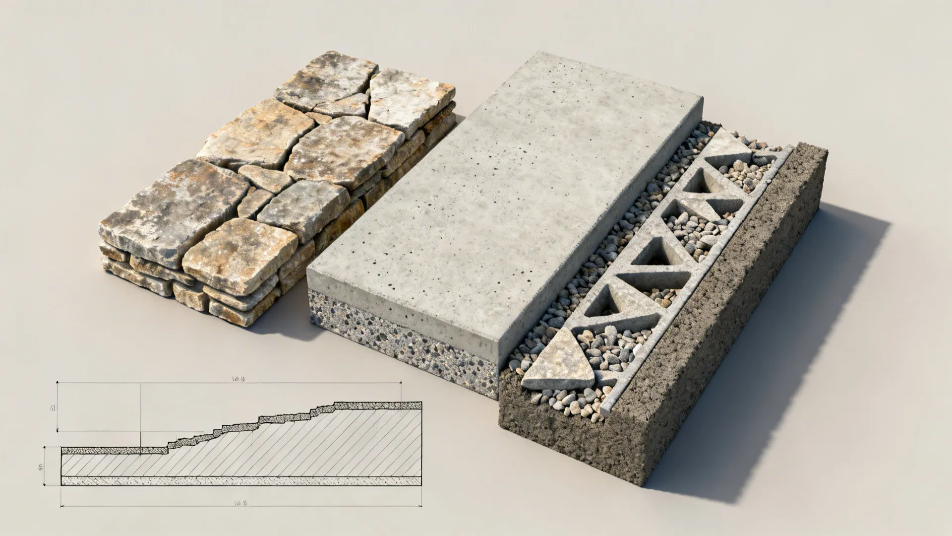 Three dimensional samples showing stone concrete and soil layers with a detailed technical line drawing