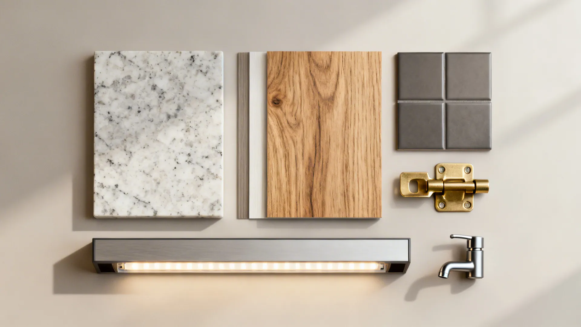 Flatlay of quartz, wood, cabinet finish and hardware samples for a small kitchen