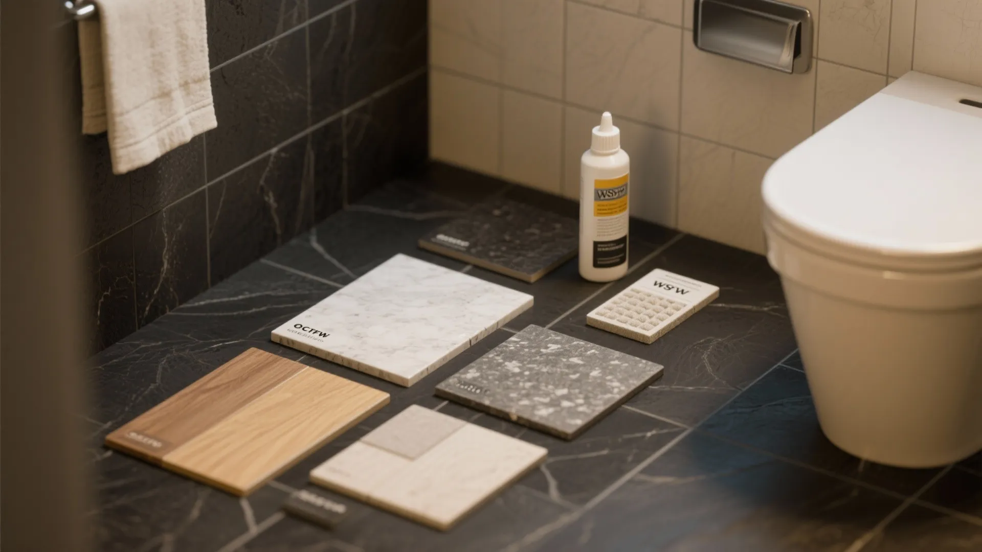 Material samples for bathroom flooring—porcelain, engineered stone, vinyl—displayed on a dark floor.