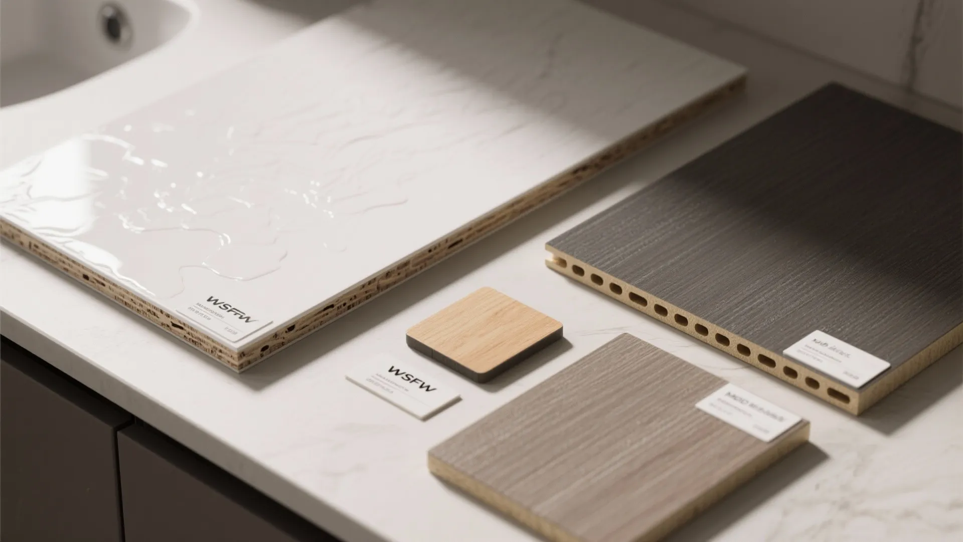 Material samples for bathroom cabinets showing MDF, marine plywood and PVC-faced boards.