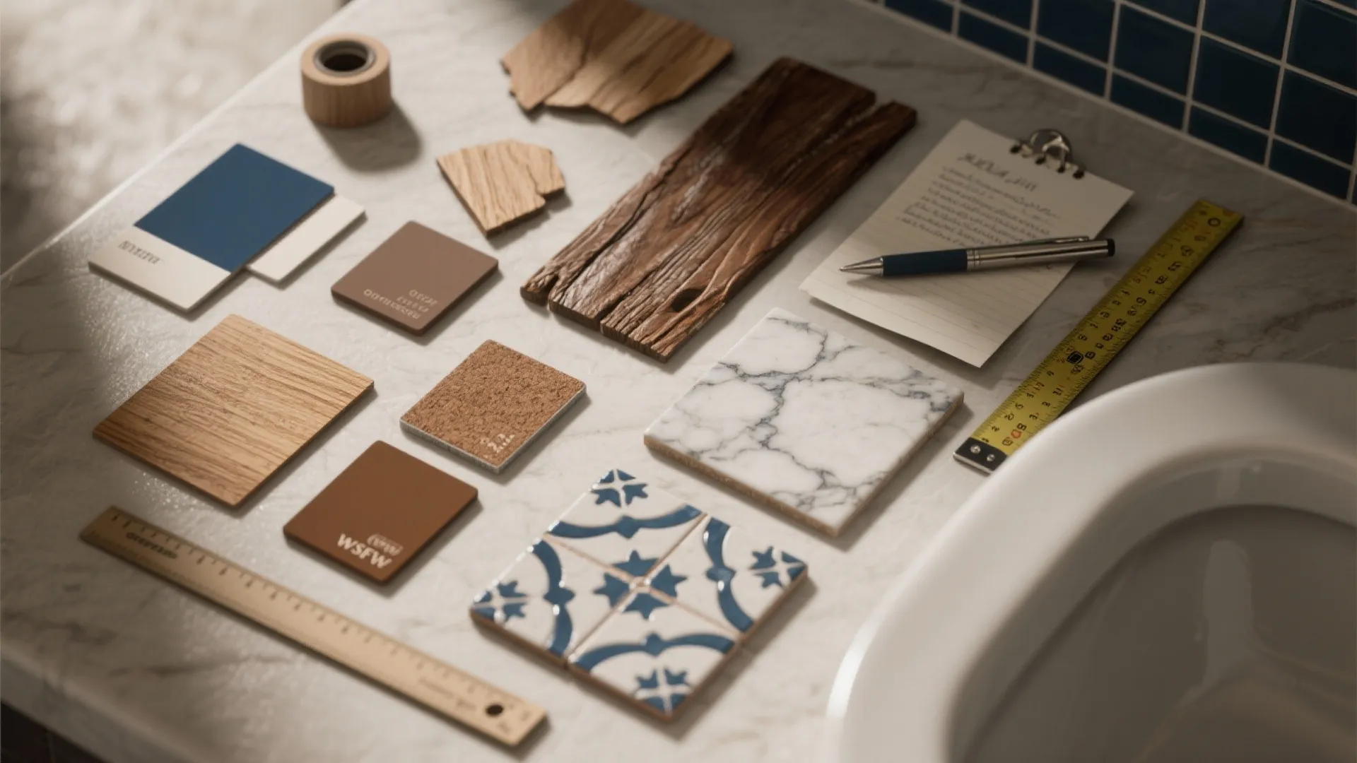 Flatlay of paint swatches, wood chips, grout and tile samples for brown-and-blue bathroom planning
