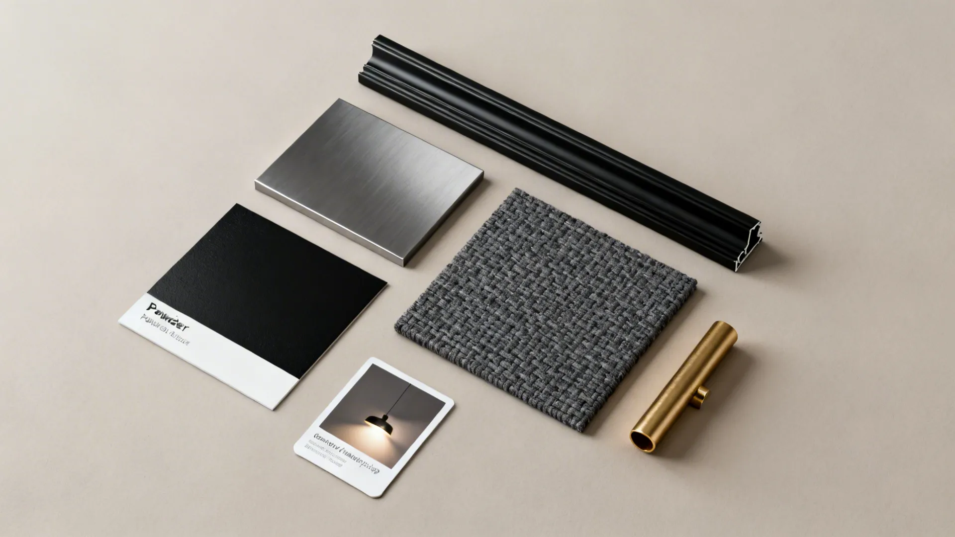 Top-down flatlay of material samples: matte black paint, metal, frame, woven fabric and brass accent.