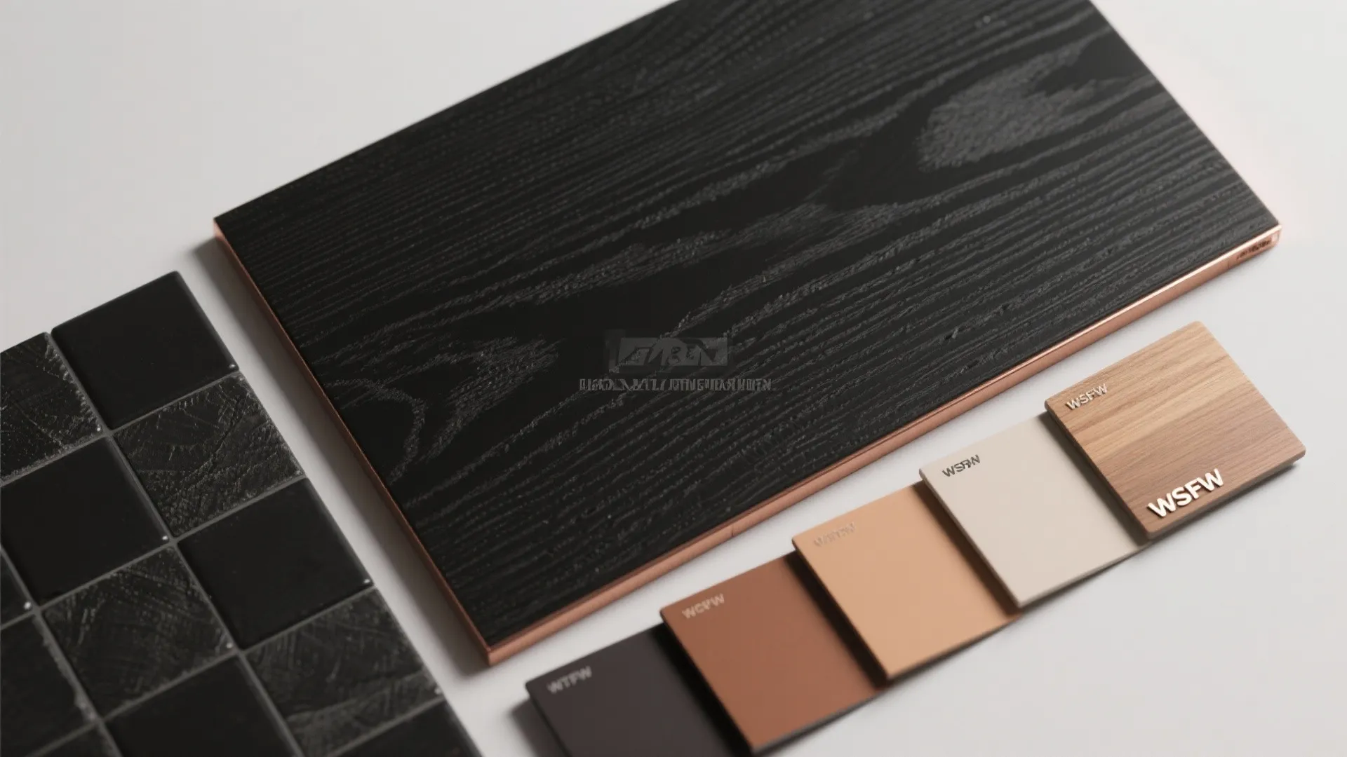 5. Mix Textures: Black Wood, Matte Tile, and Copper Trim