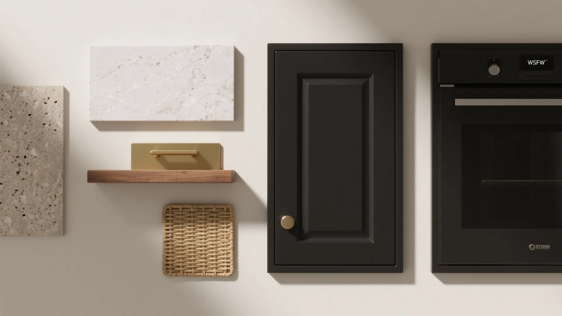 Interior design mood board with black cabinet door gold handle marble stone and oven display