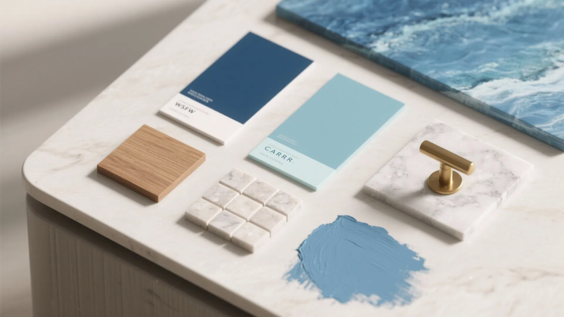 Interior design material samples with blue color cards wood piece marble tile and gold handle