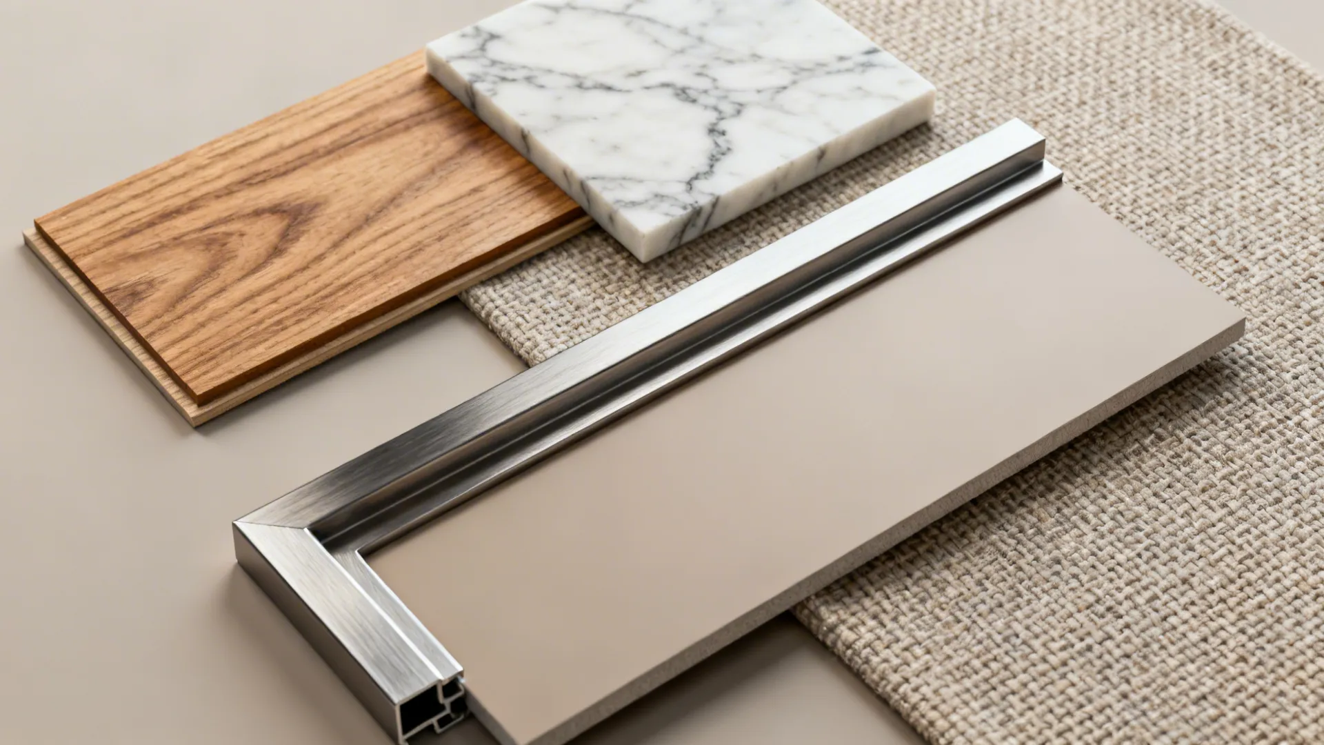 Material samples including wood, marble, metal, and laminate for choosing C-table finishes.