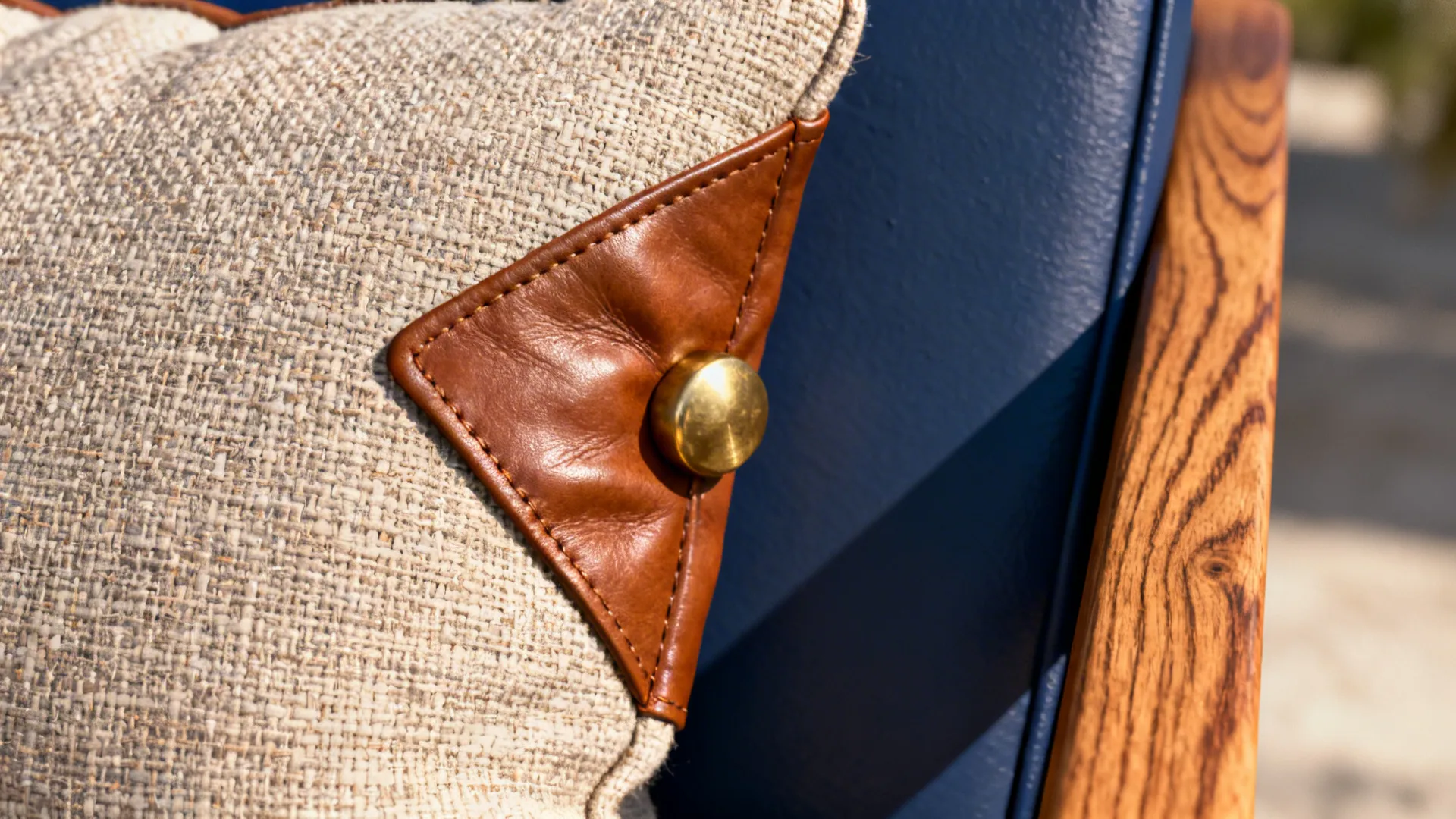 Close up of beige fabric pillow with brown leather corner and gold metal button detail