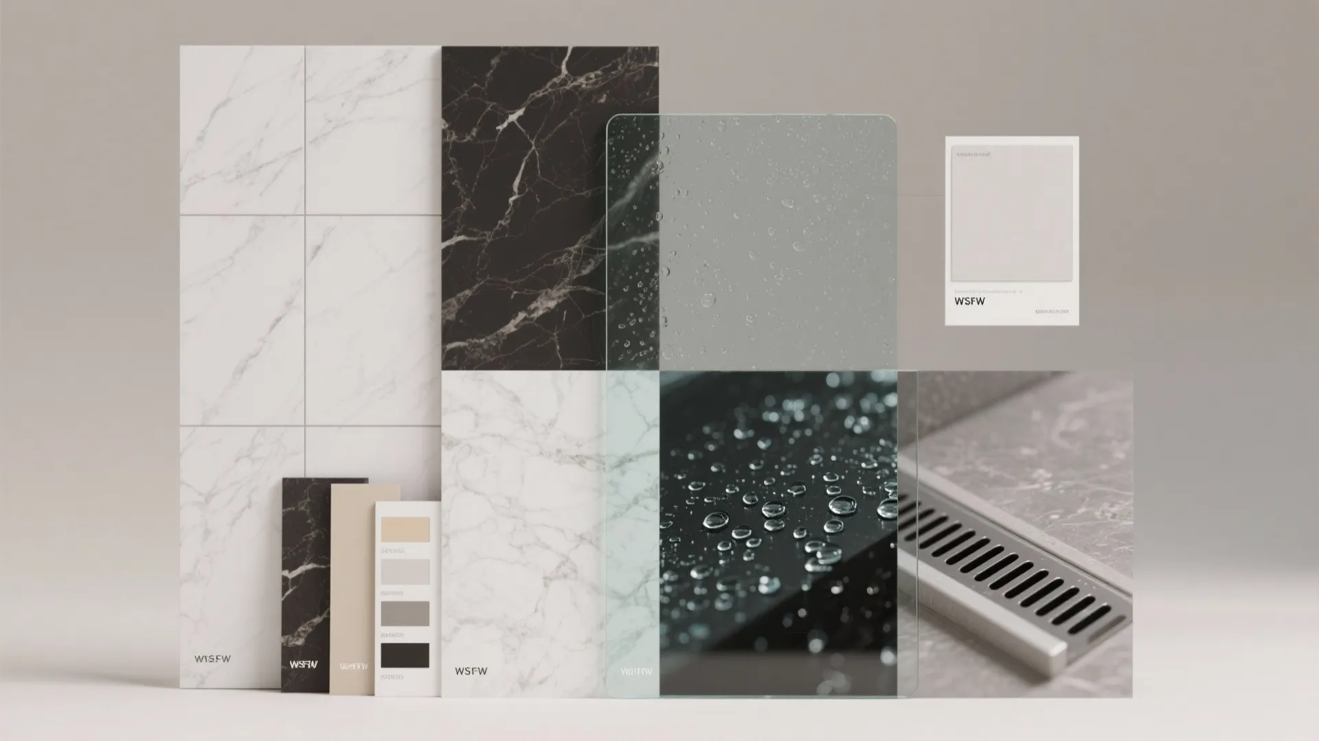 Collection of material samples including white marble, black stone, glass panels, and color paint swatches