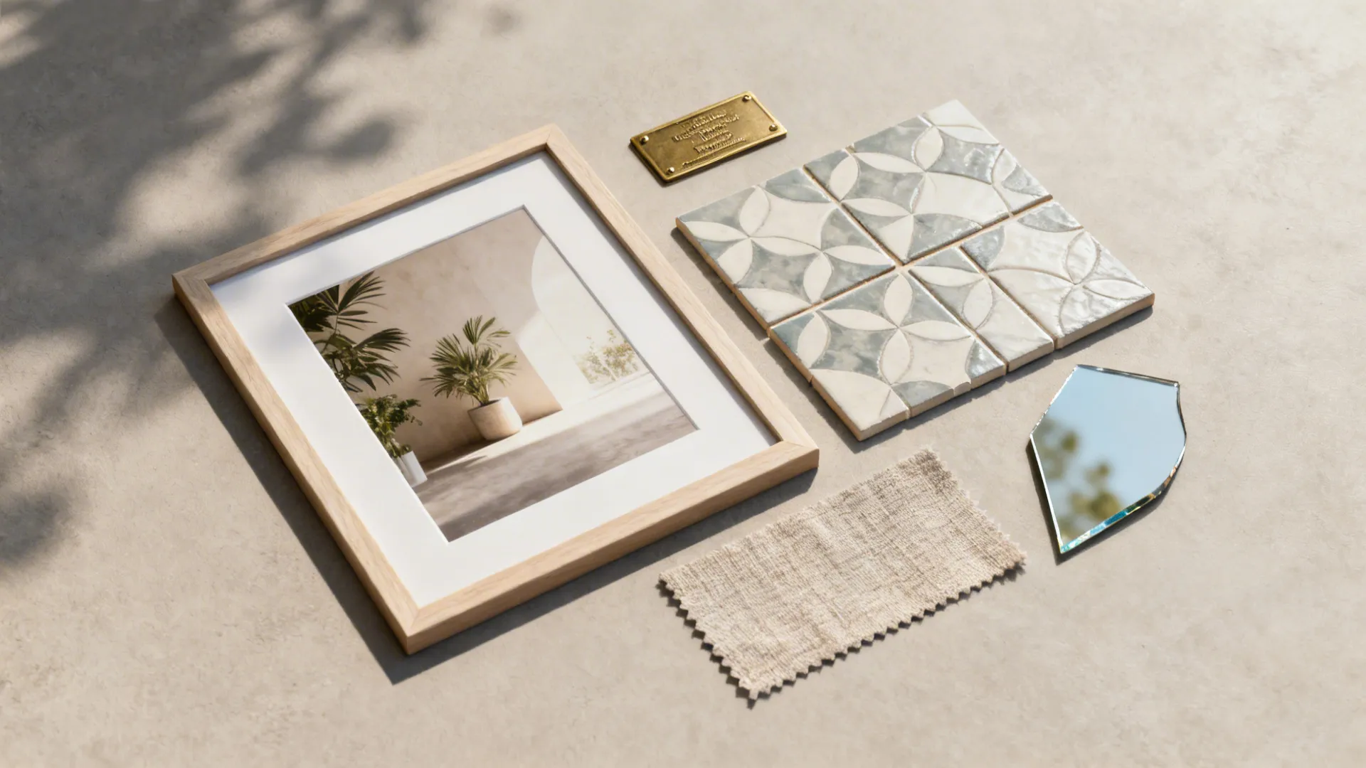 Collage of material samples: framed print, peel-and-stick tile, brass plaque, textile swatch, and mirror fragment.